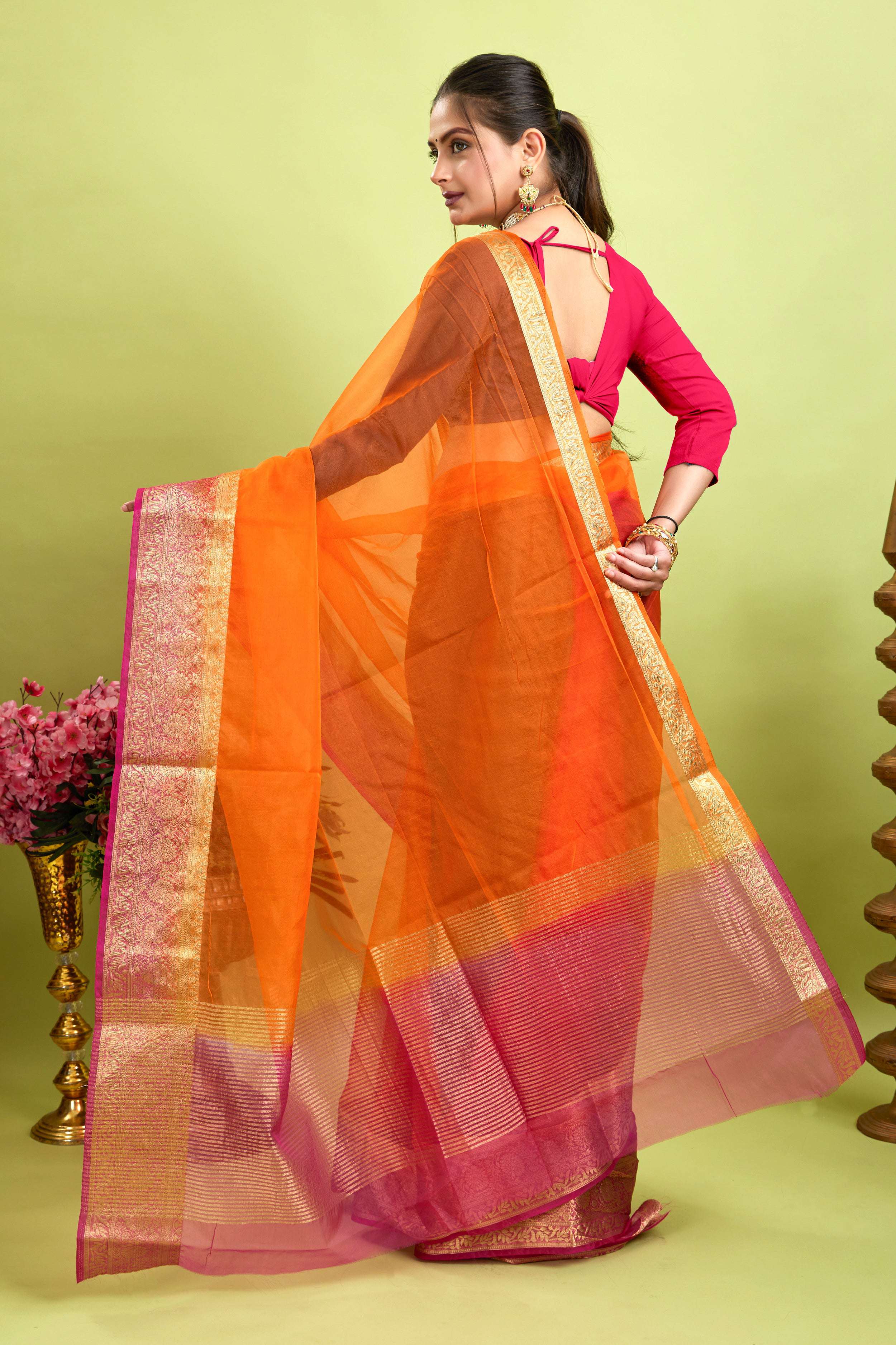 Orange Woven Organza Soft Jacquard Saree