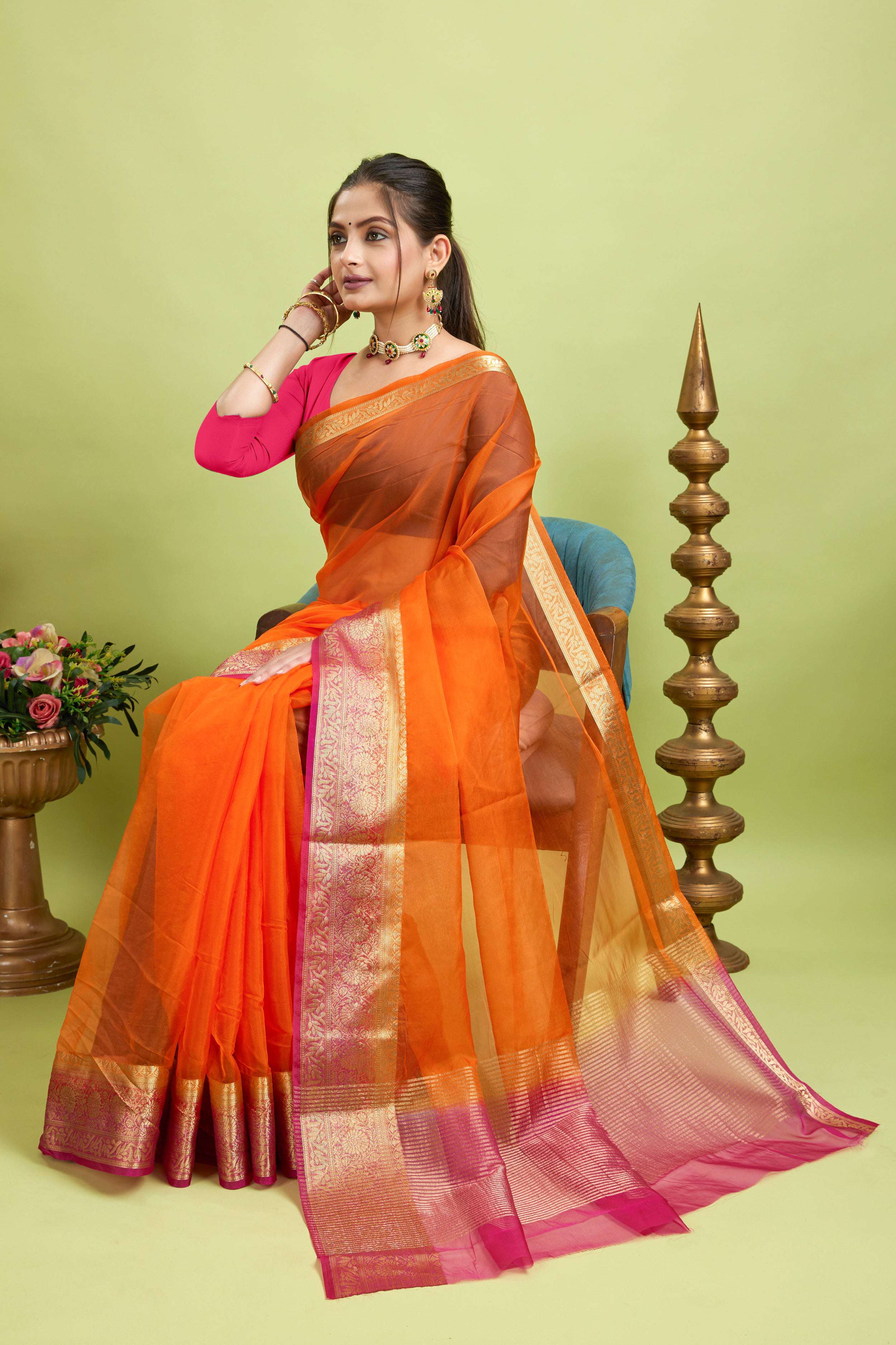 Orange Woven Organza Soft Jacquard Saree