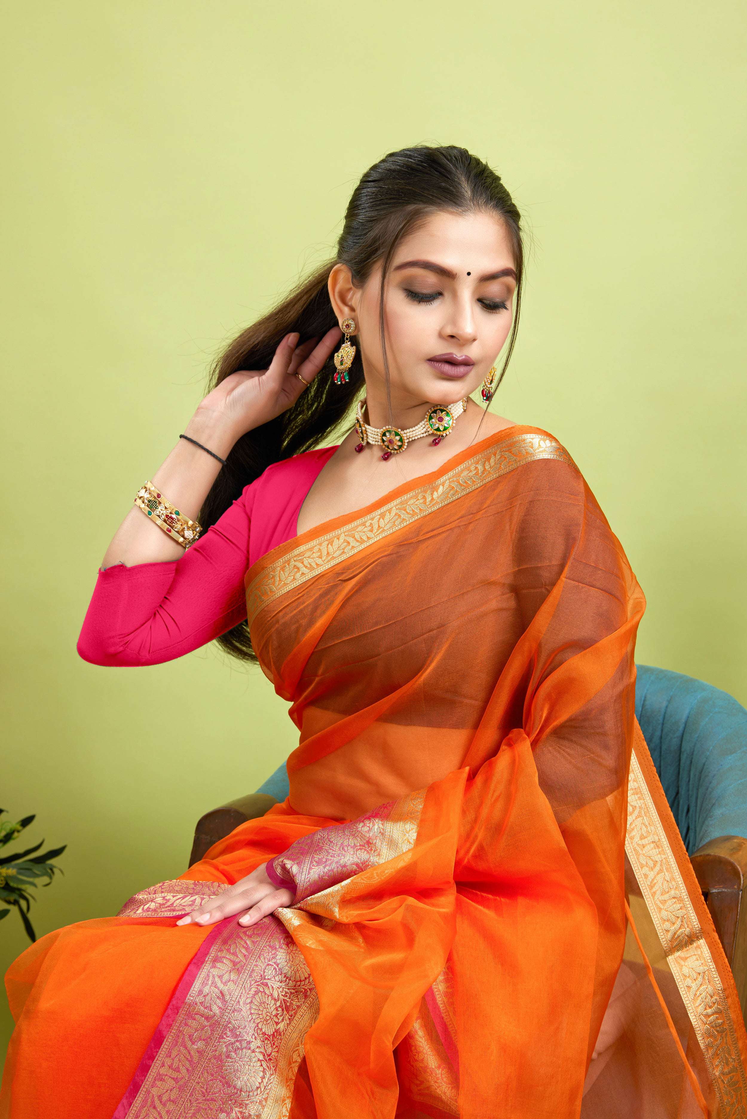 Orange Woven Organza Soft Jacquard Saree