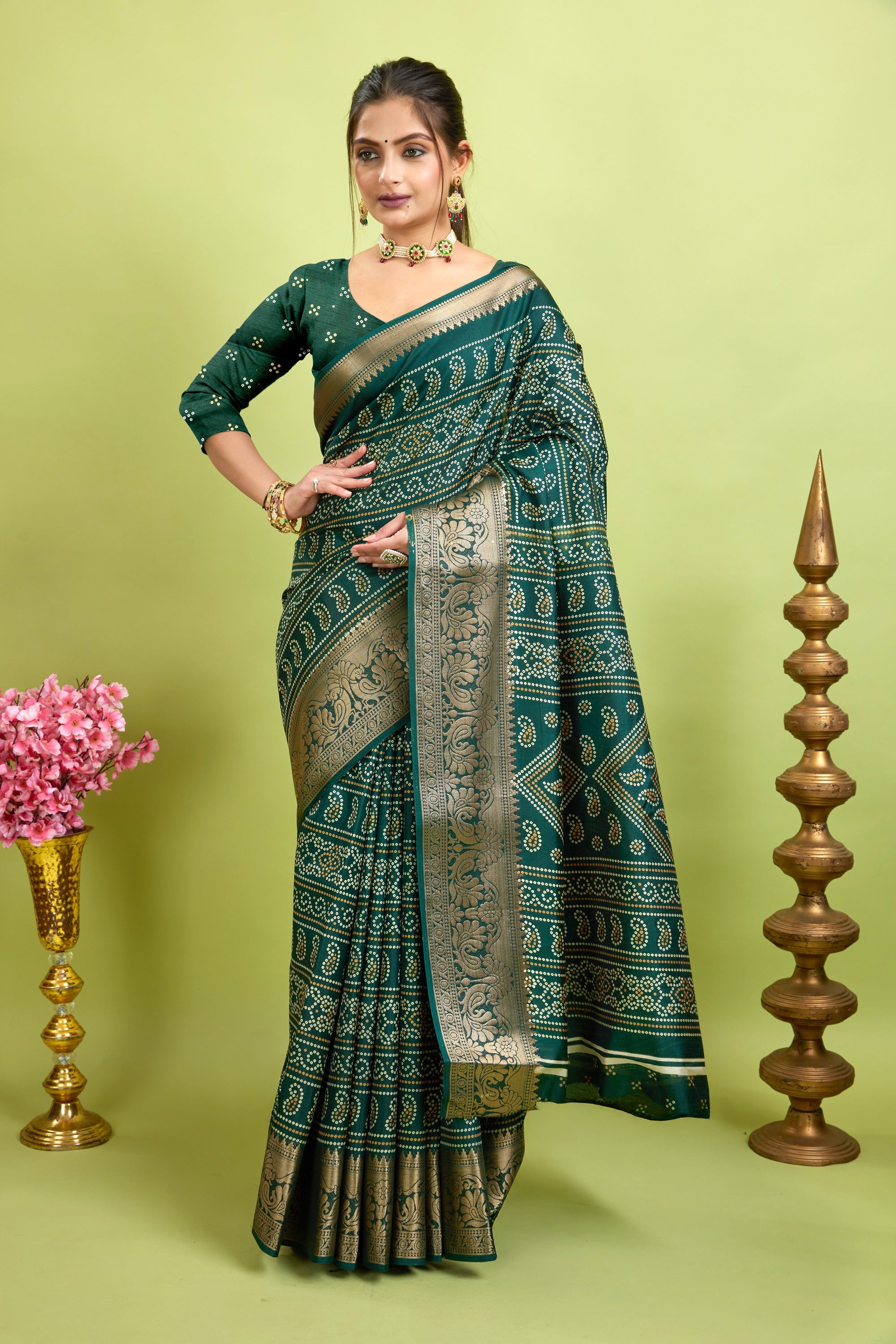 Green Bandhani Print Soft Dola Cotton Kanjivaram Saree