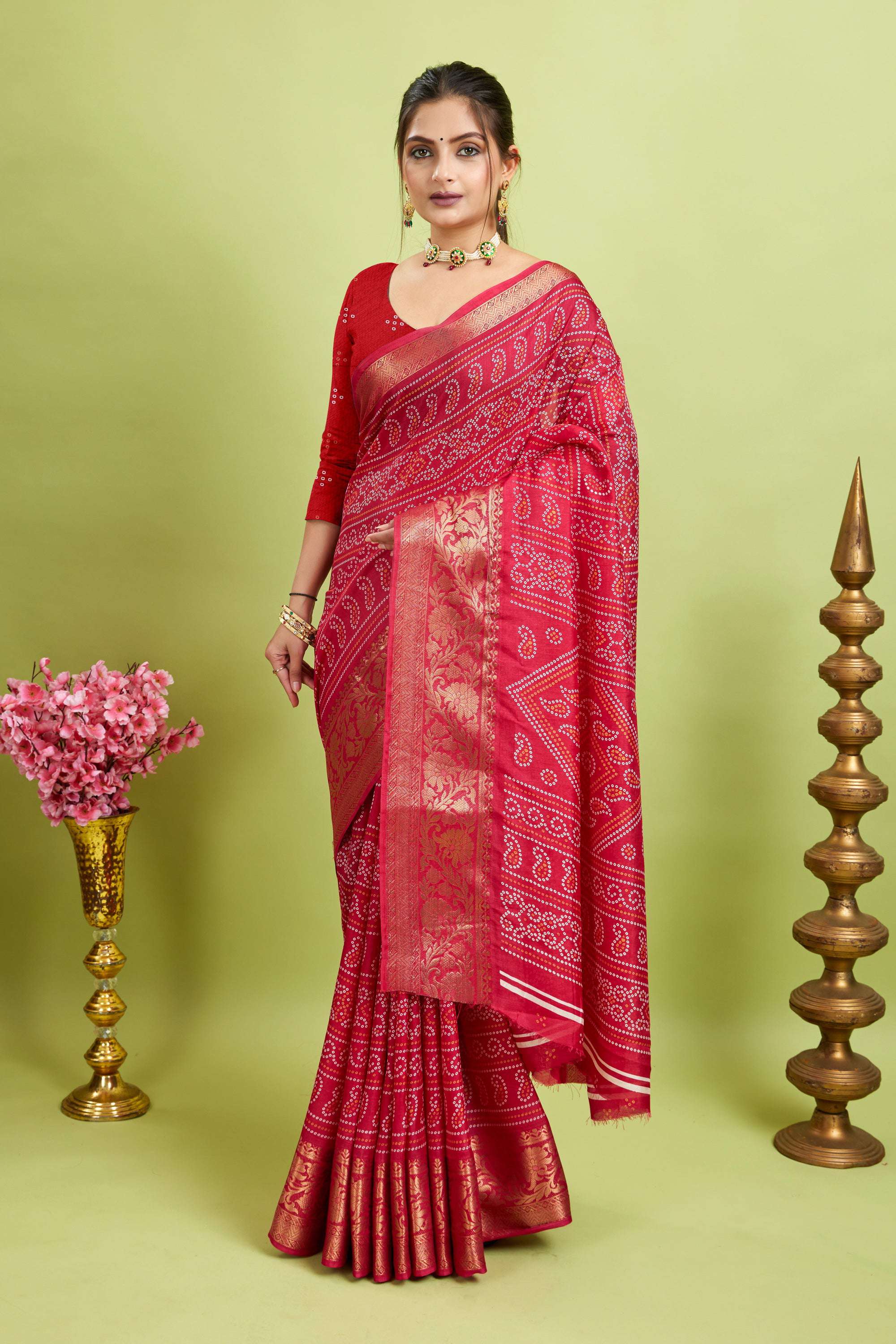 Pink Bandhani Print Soft Dola Cotton Kanjivaram Saree