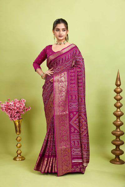 Purple Bandhani Print Soft Dola Cotton Kanjivaram Saree