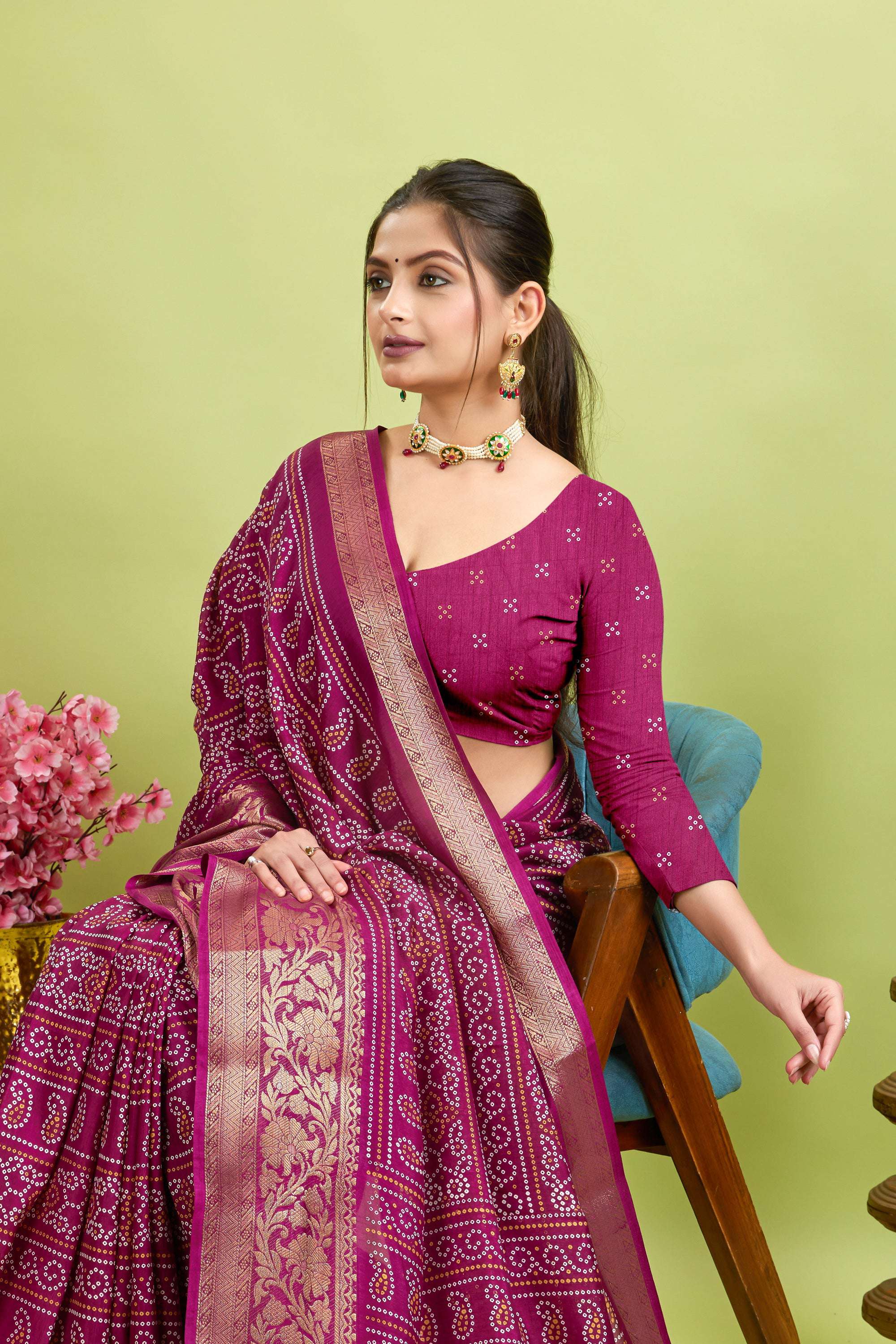 Purple Bandhani Print Soft Dola Cotton Kanjivaram Saree