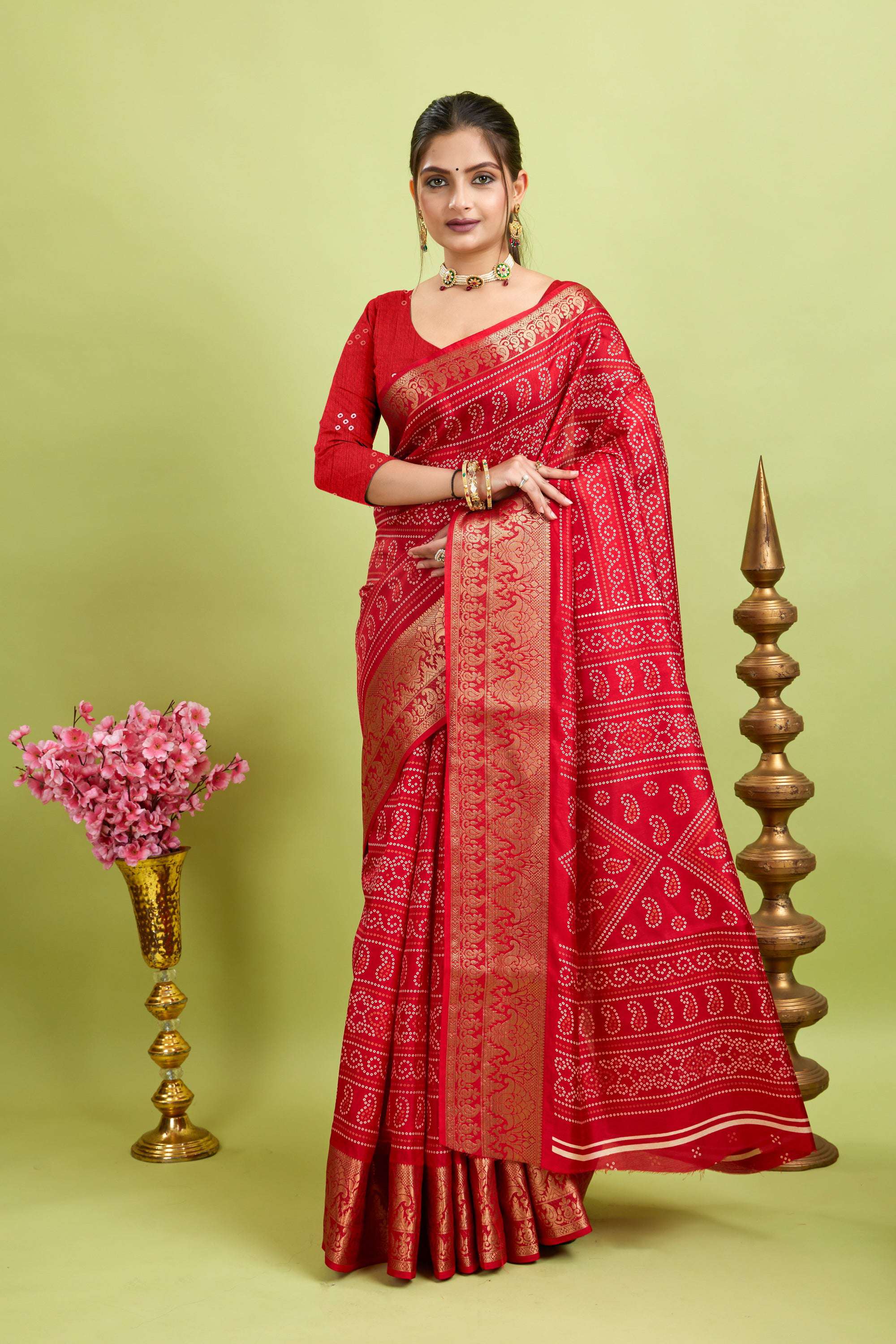 Red Bandhani Print Soft Dola Cotton Kanjivaram Saree