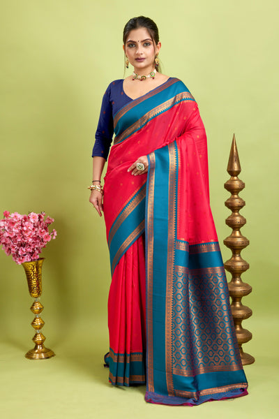 Red Narayan Border Silk Blend Saree