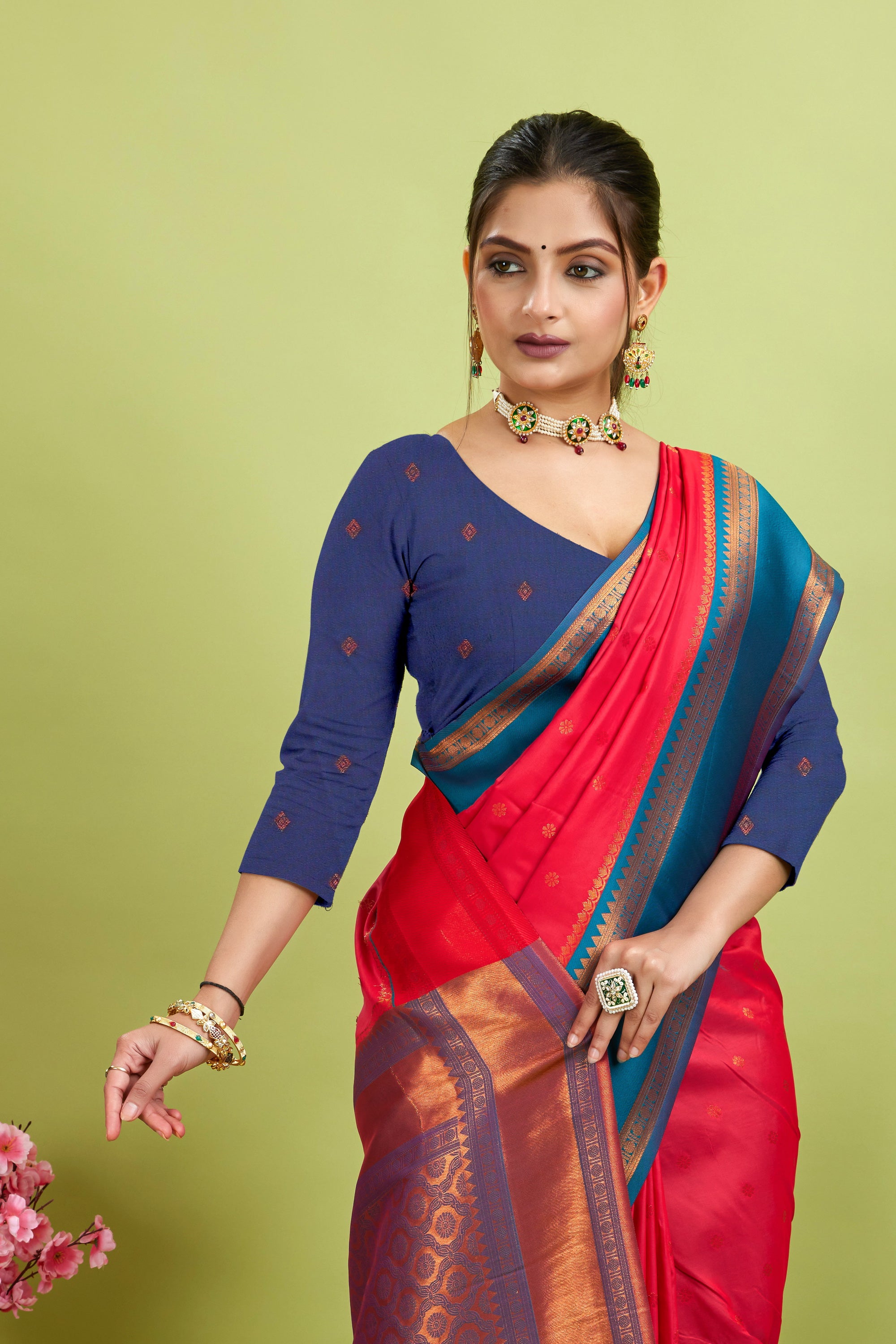 Red Narayan Border Silk Blend Saree