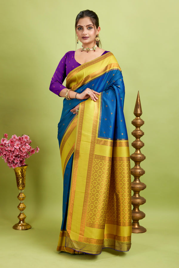 Blue Narayan Border Silk Blend Saree