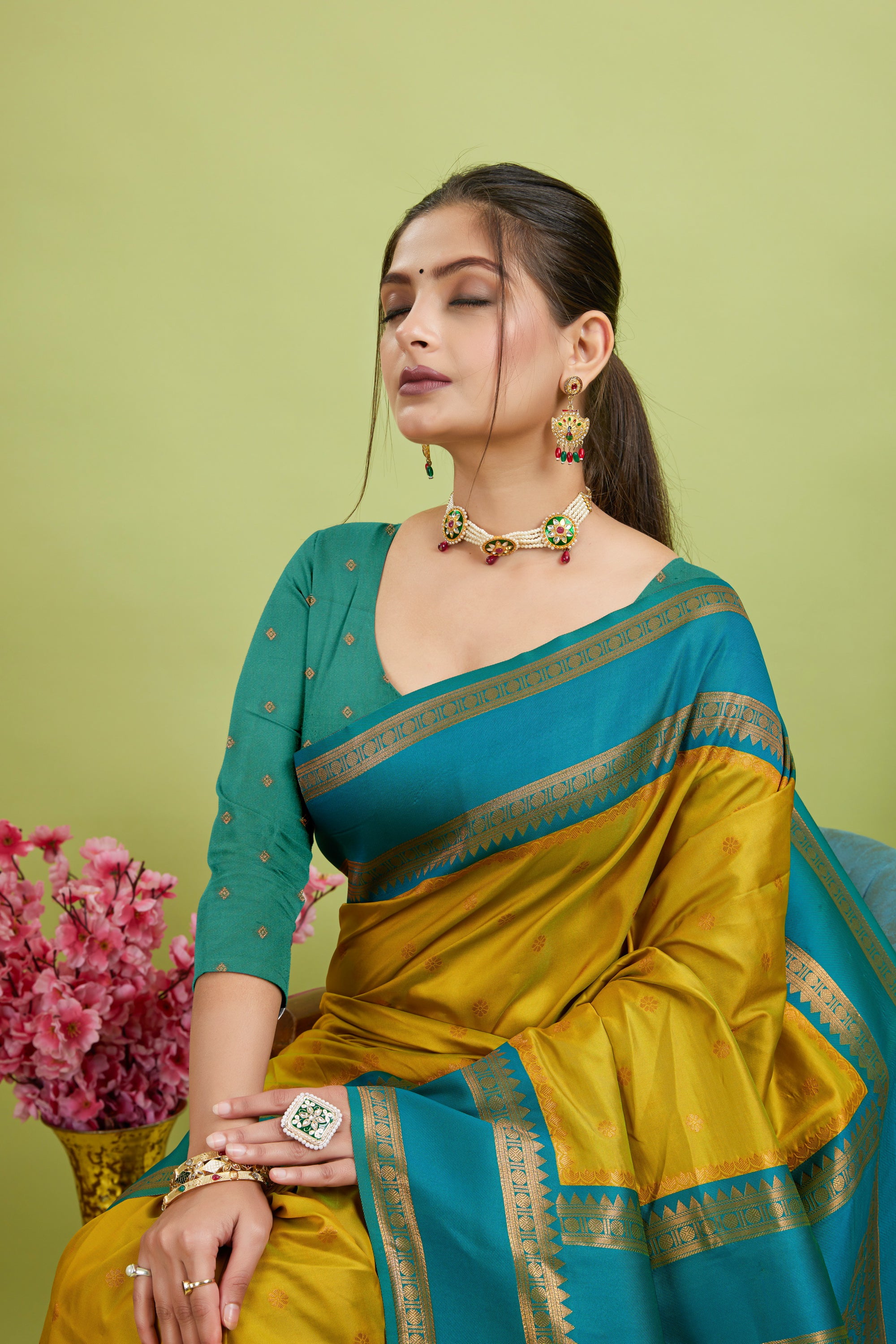 Yellow Narayan Border Silk Blend Saree