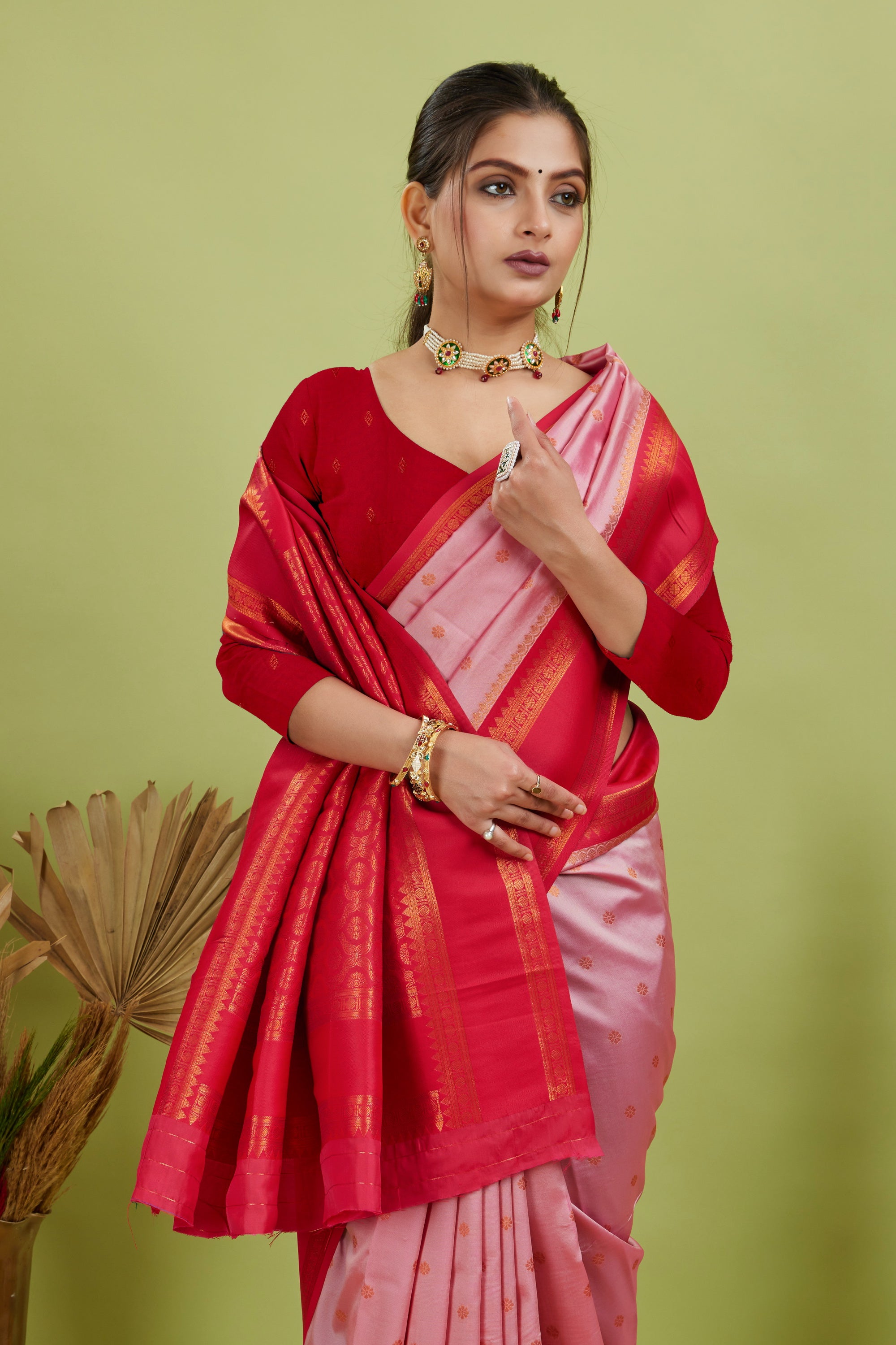 Baby Pink Narayan Border Silk Blend Saree