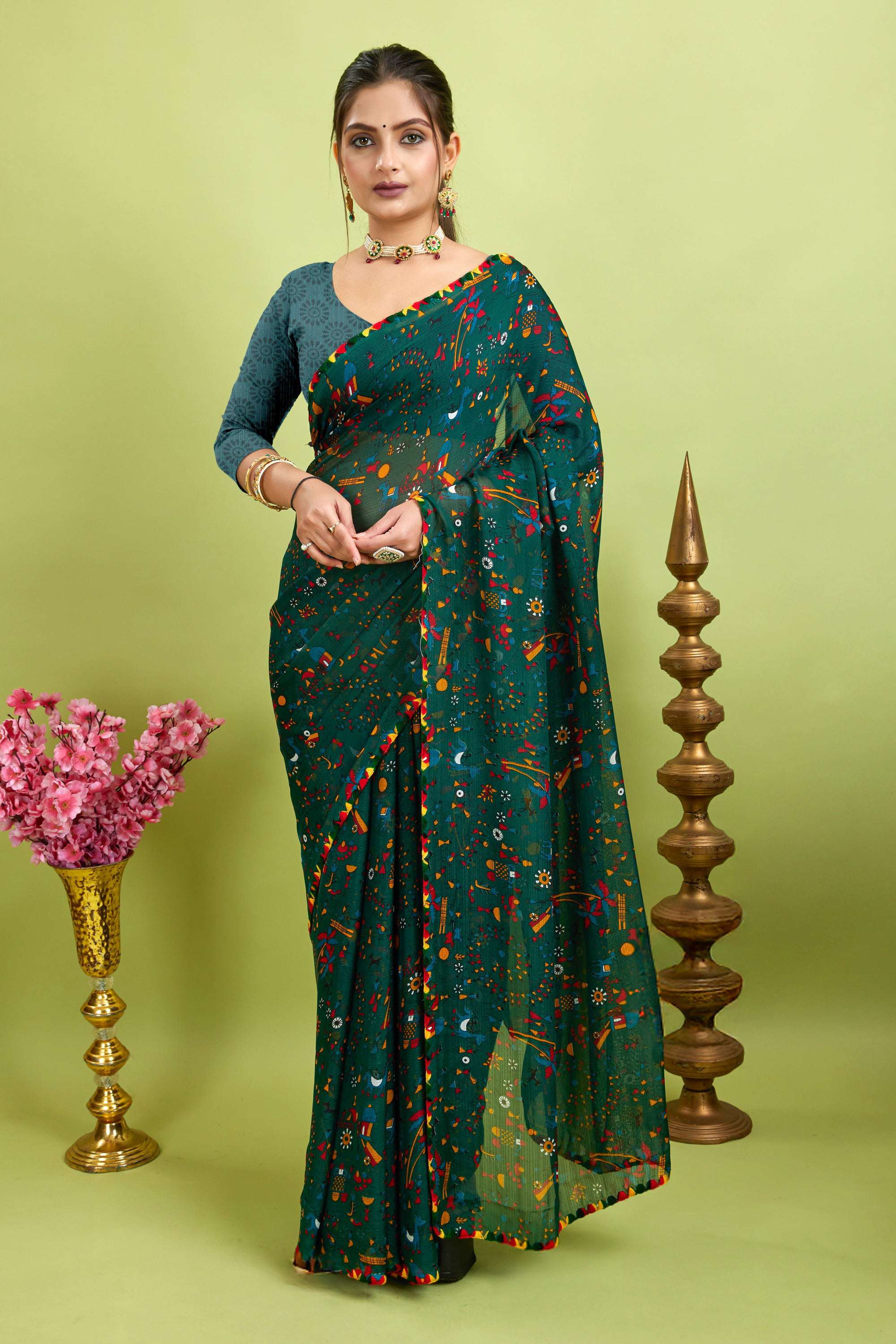Green Floral Printed Georgette Saree