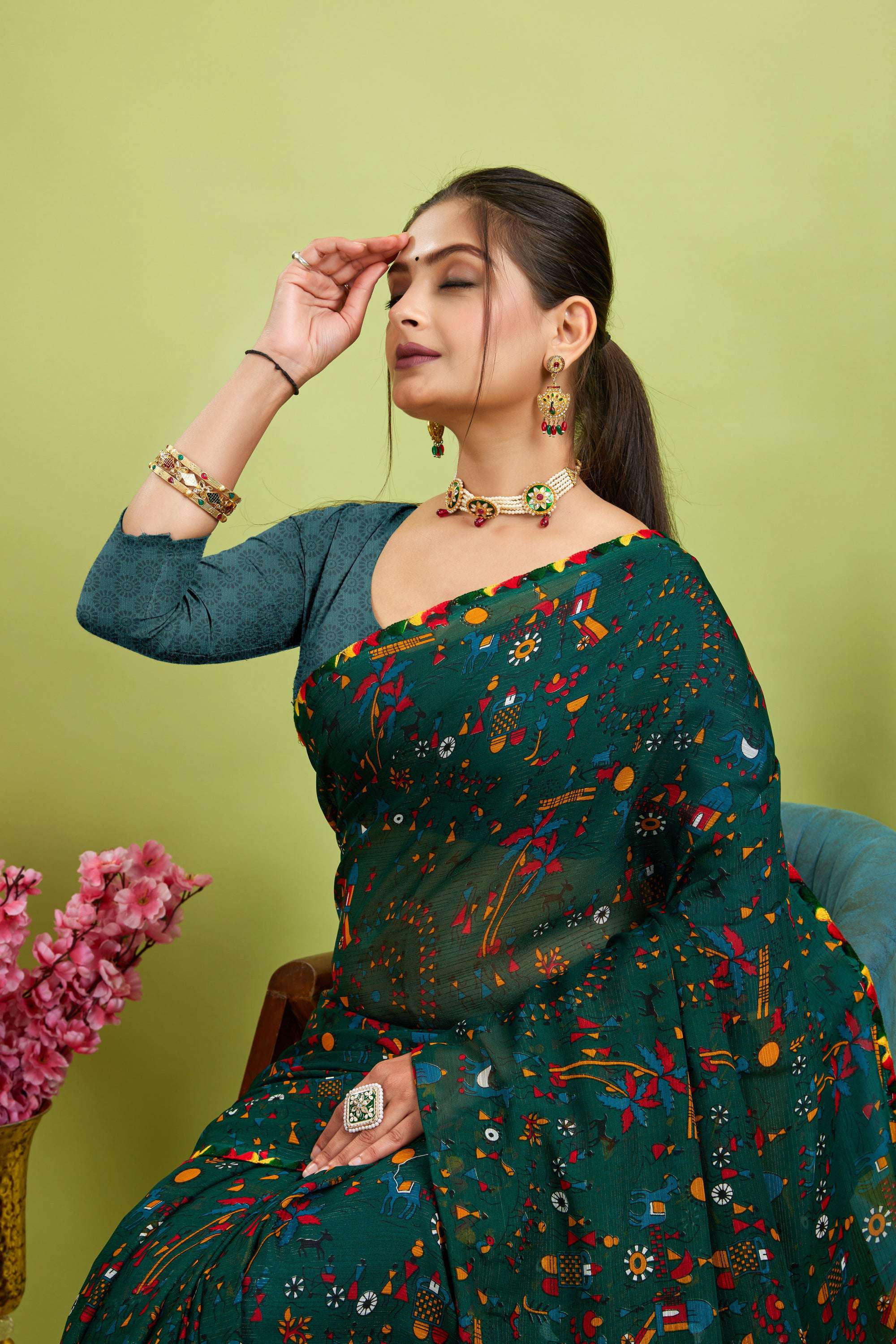 Green Floral Printed Georgette Saree