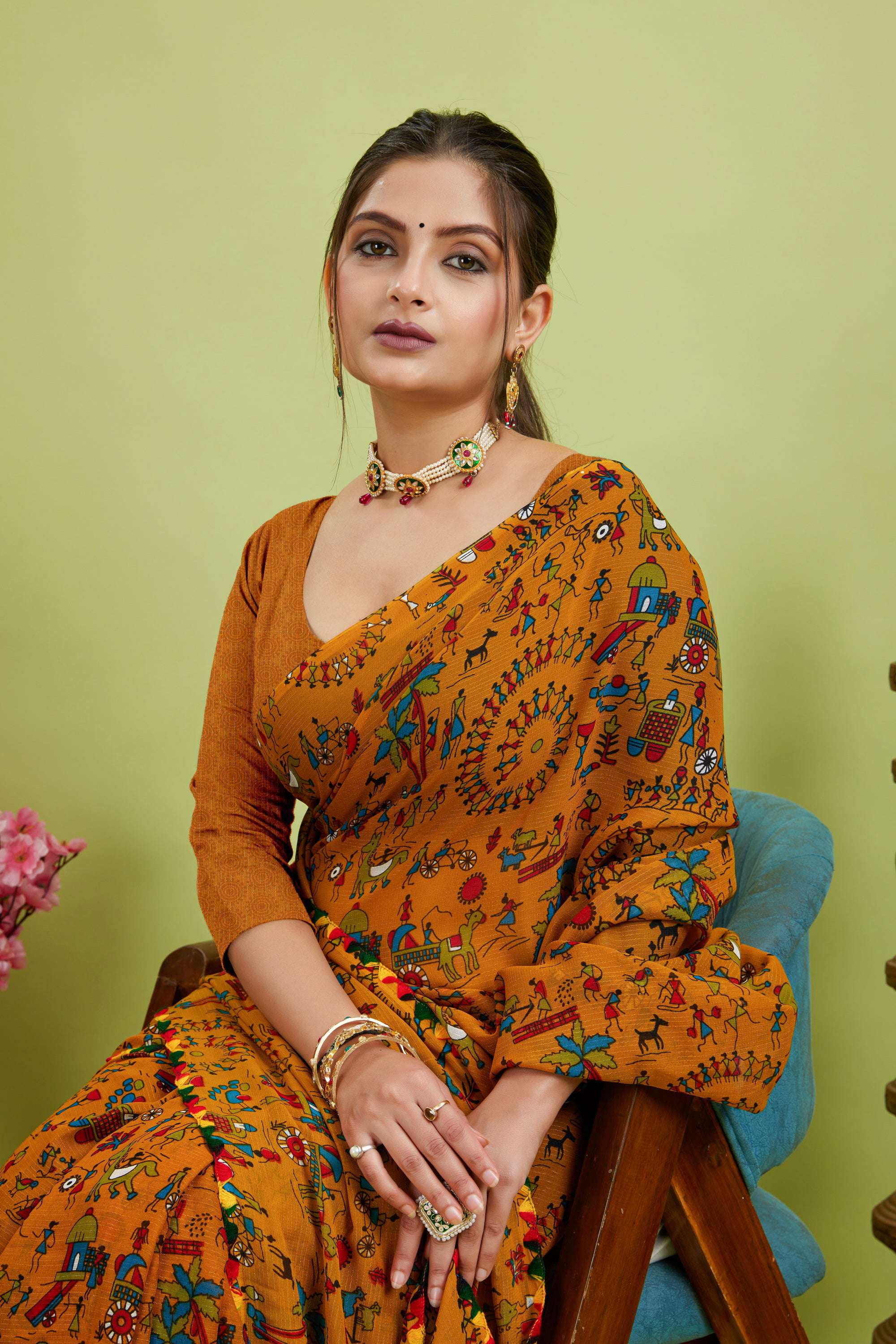 Yellow Floral Printed Georgette Saree