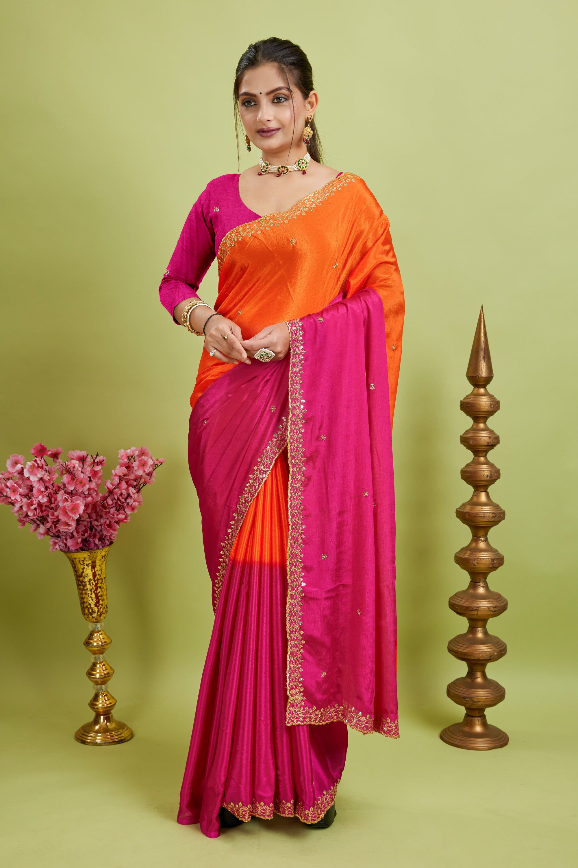 Orange Embroidered Chinnon Silk Saree