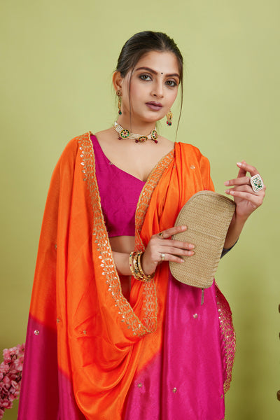Orange Embroidered Chinnon Silk Saree