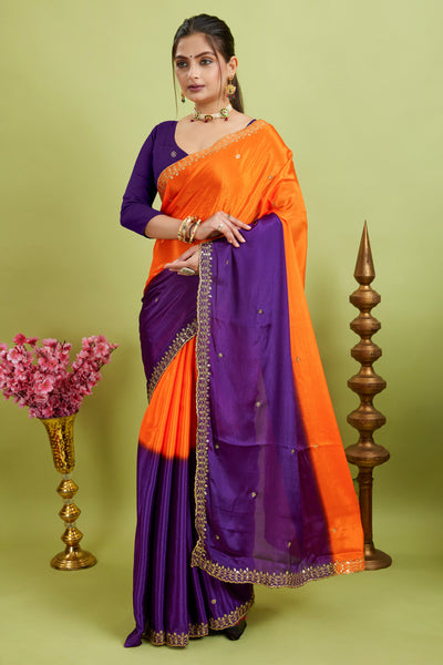 Purple Chinnon Fabric With Embroidery Silk Saree