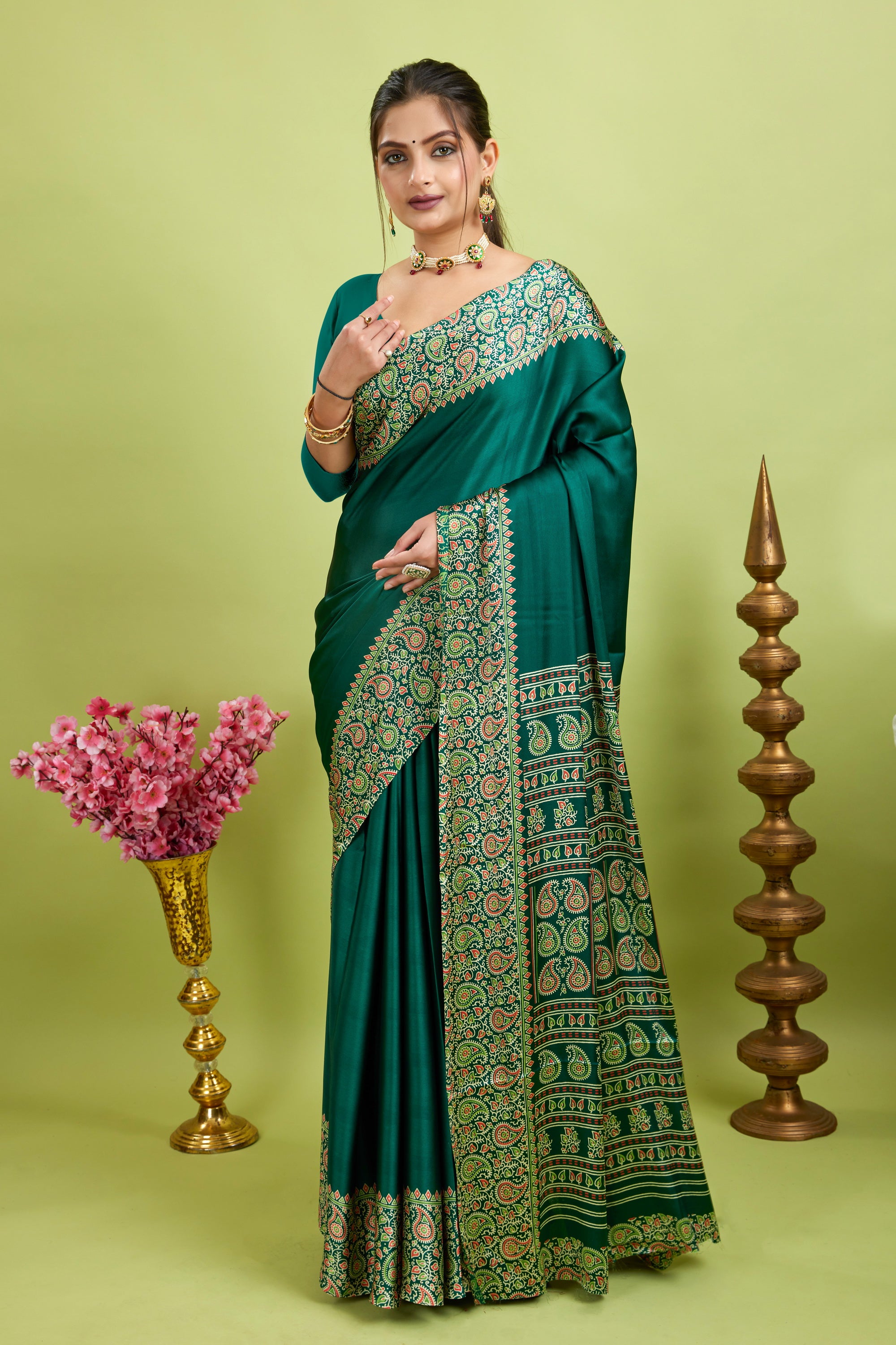 Green Ajrakh Printed Silk Saree