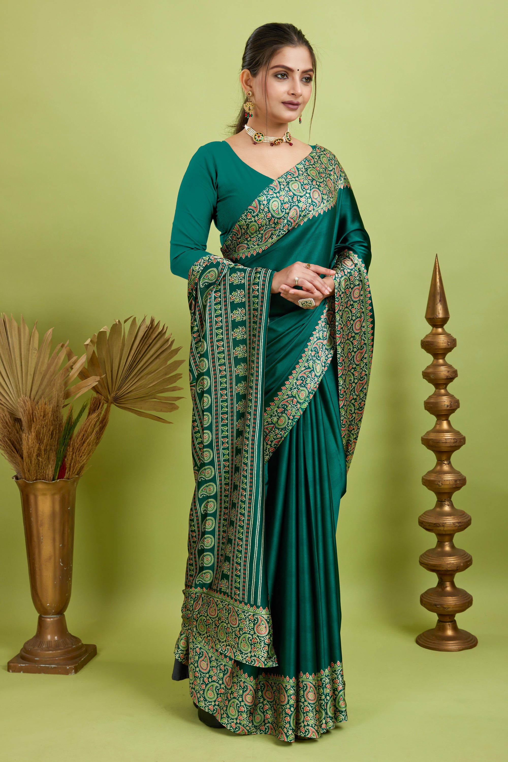 Green Ajrakh Printed Silk Saree