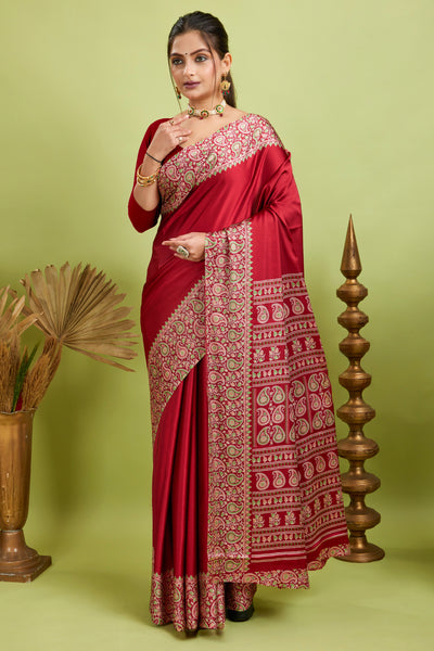 Red Ajrakh Printed Silk Saree