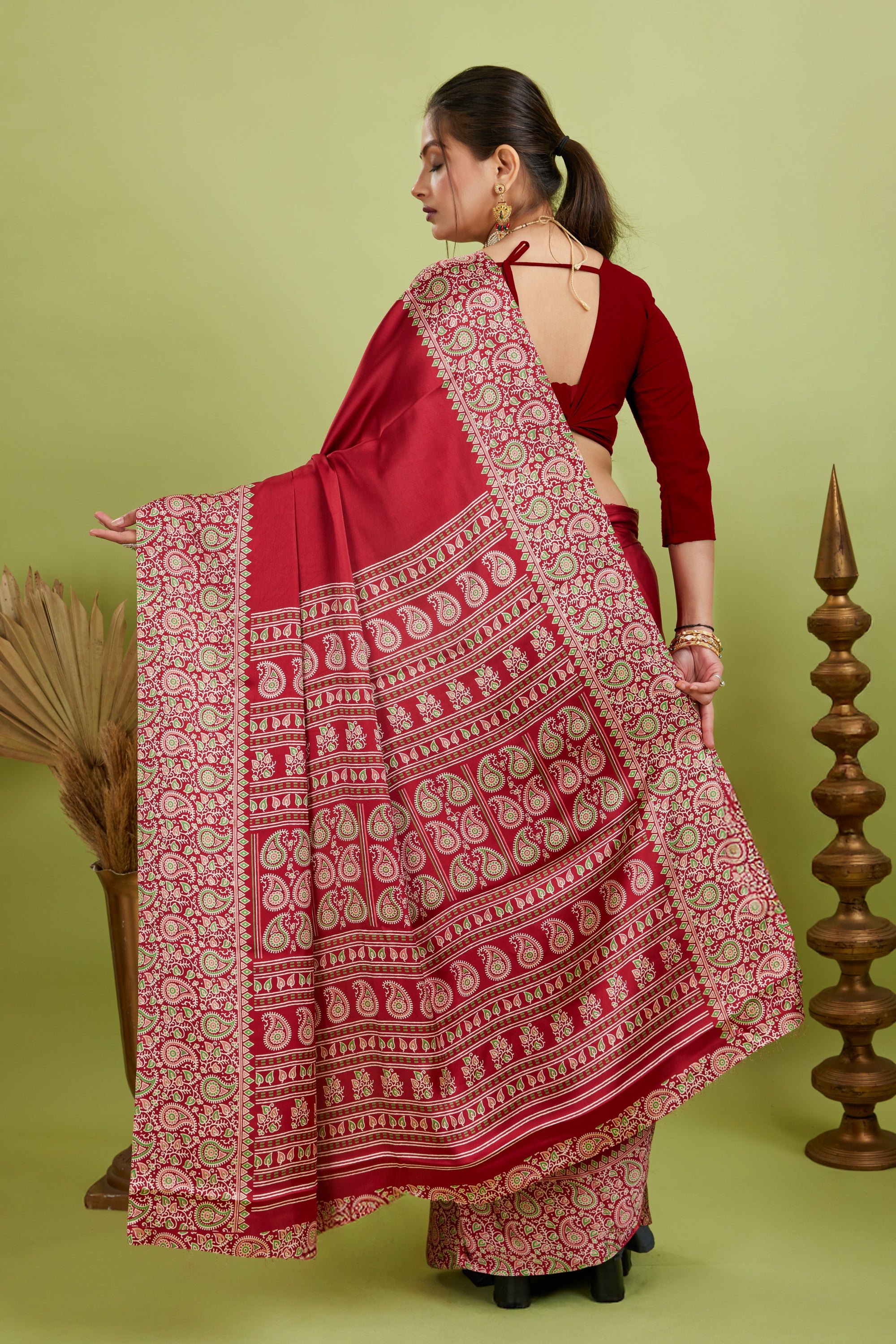 Red Ajrakh Printed Silk Saree