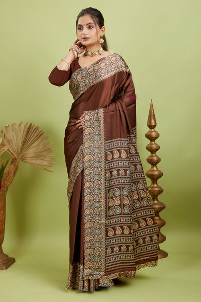 Maroon Ajrakh Printed Silk Saree