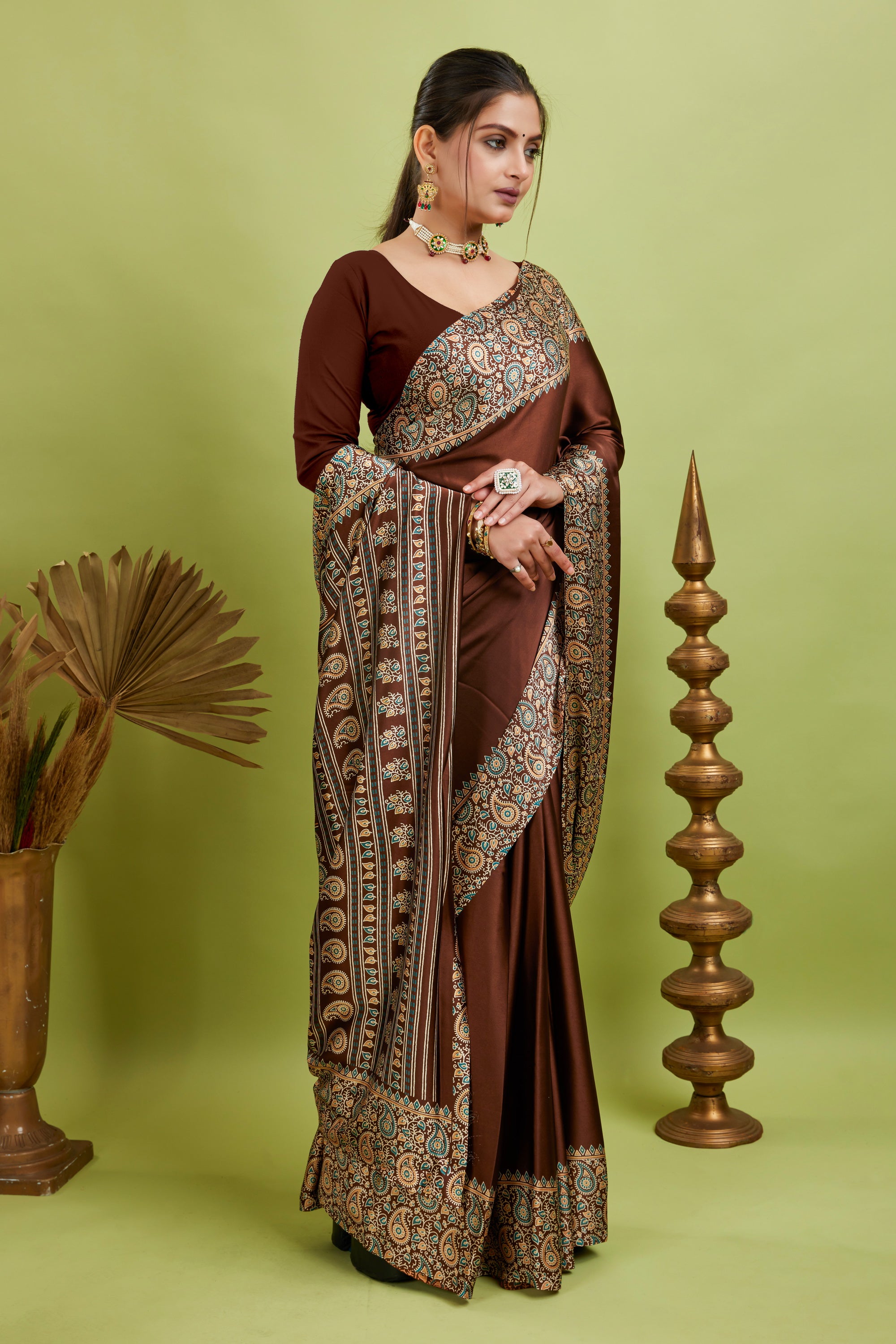 Maroon Ajrakh Printed Silk Saree