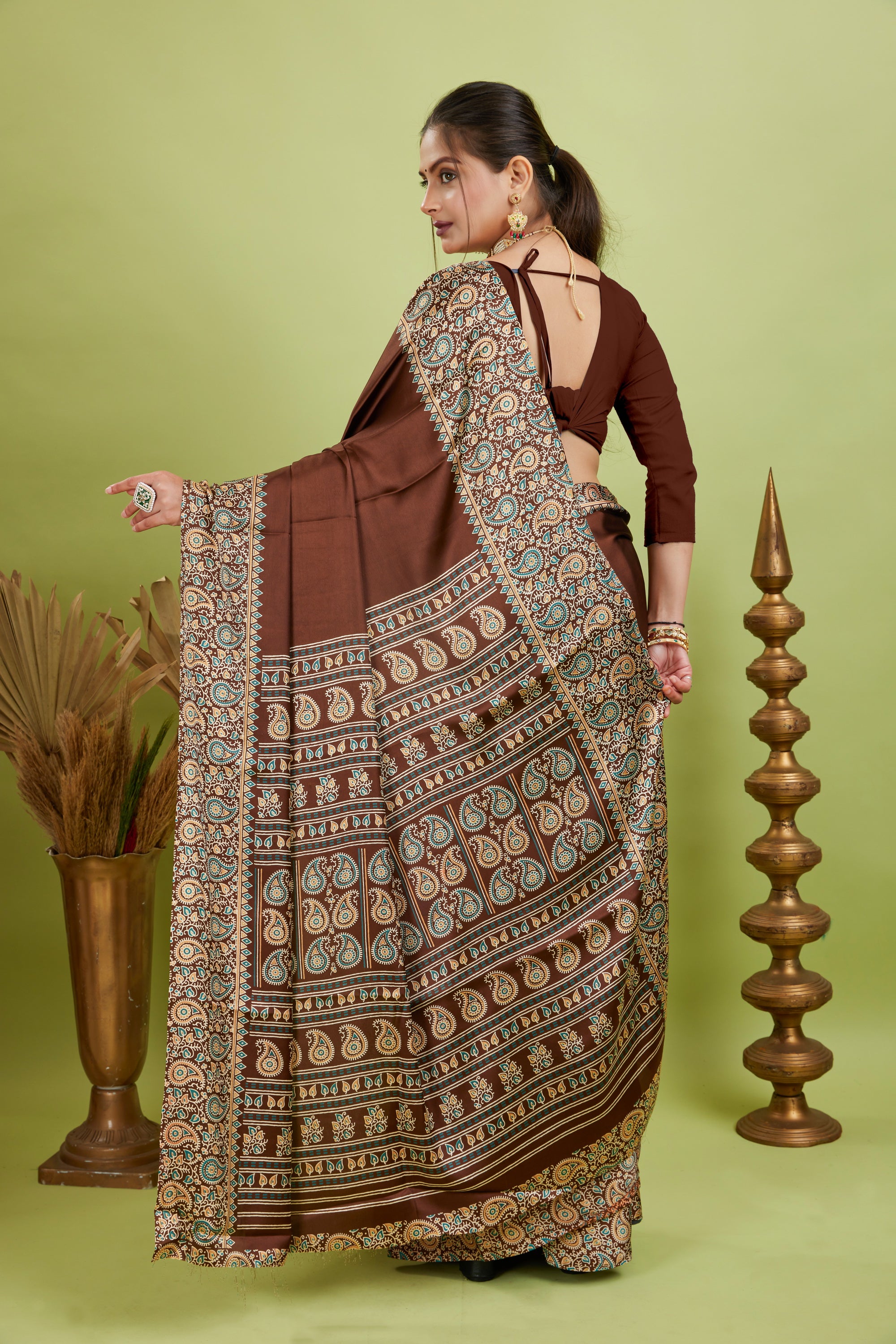 Maroon Ajrakh Printed Silk Saree