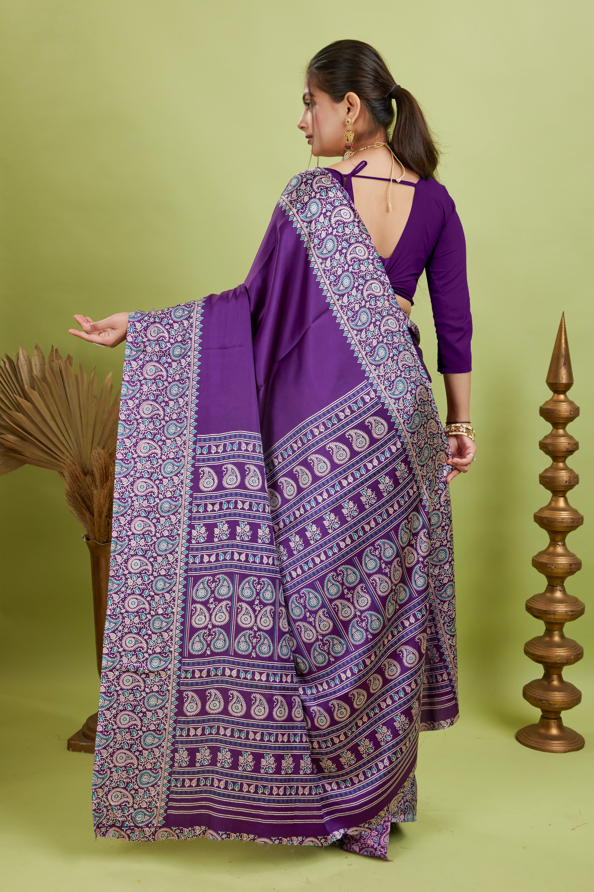 Purple Ajrakh Printed Silk Saree