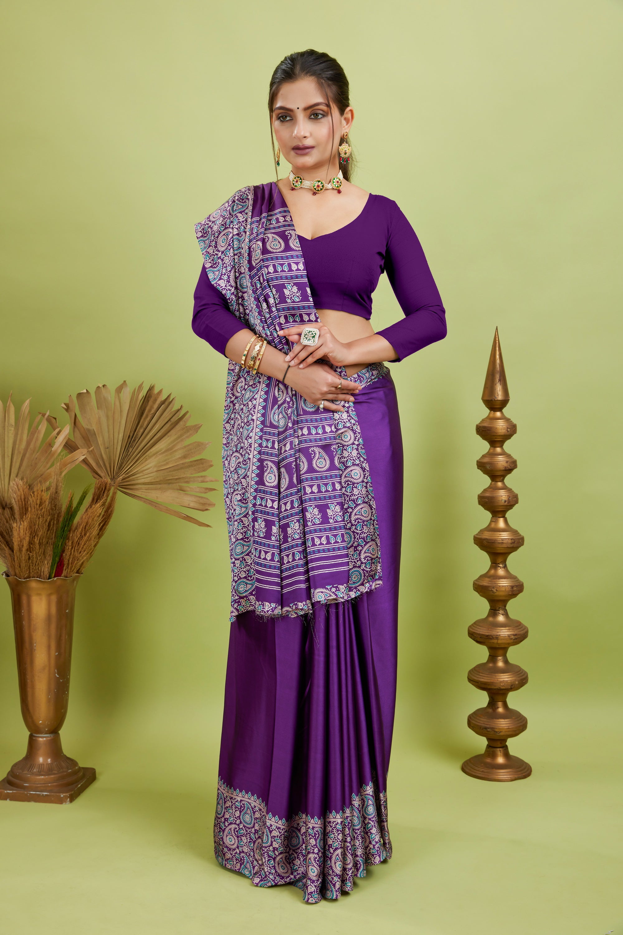 Purple Ajrakh Printed Silk Saree