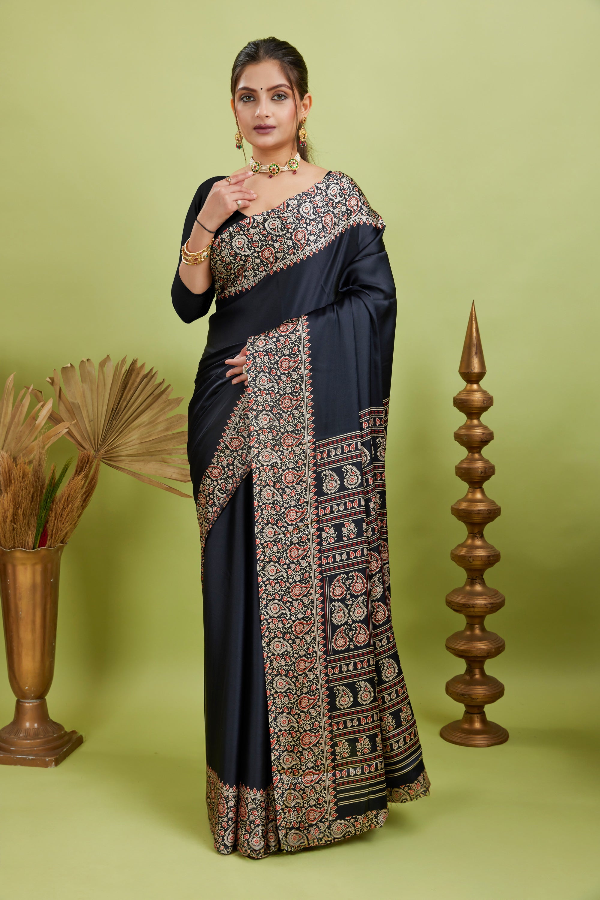 Black Ajrakh Printed Silk Saree