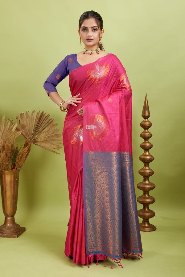 Pink Handloom Woven Banarasi Silk Saree