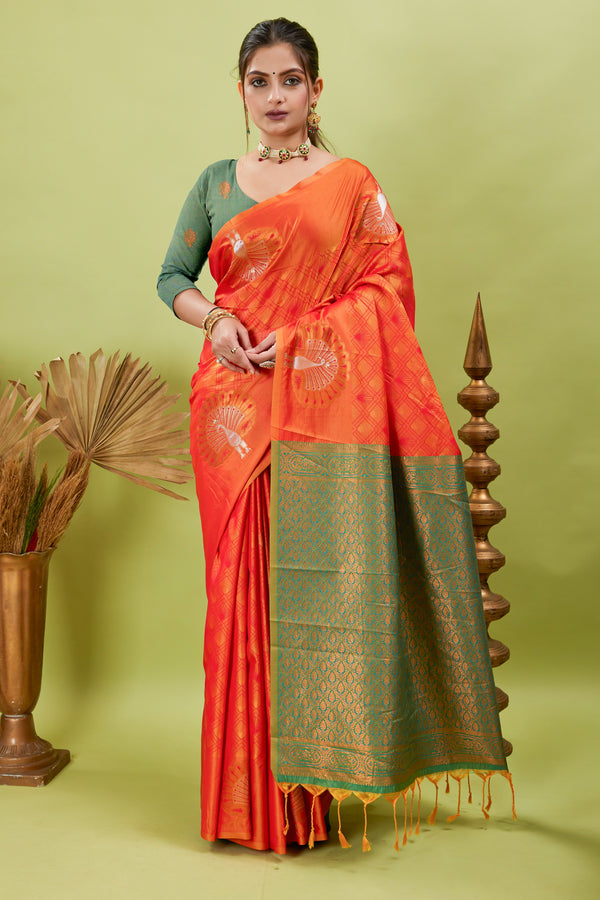 Orange Handloom Woven Banarasi Silk Saree