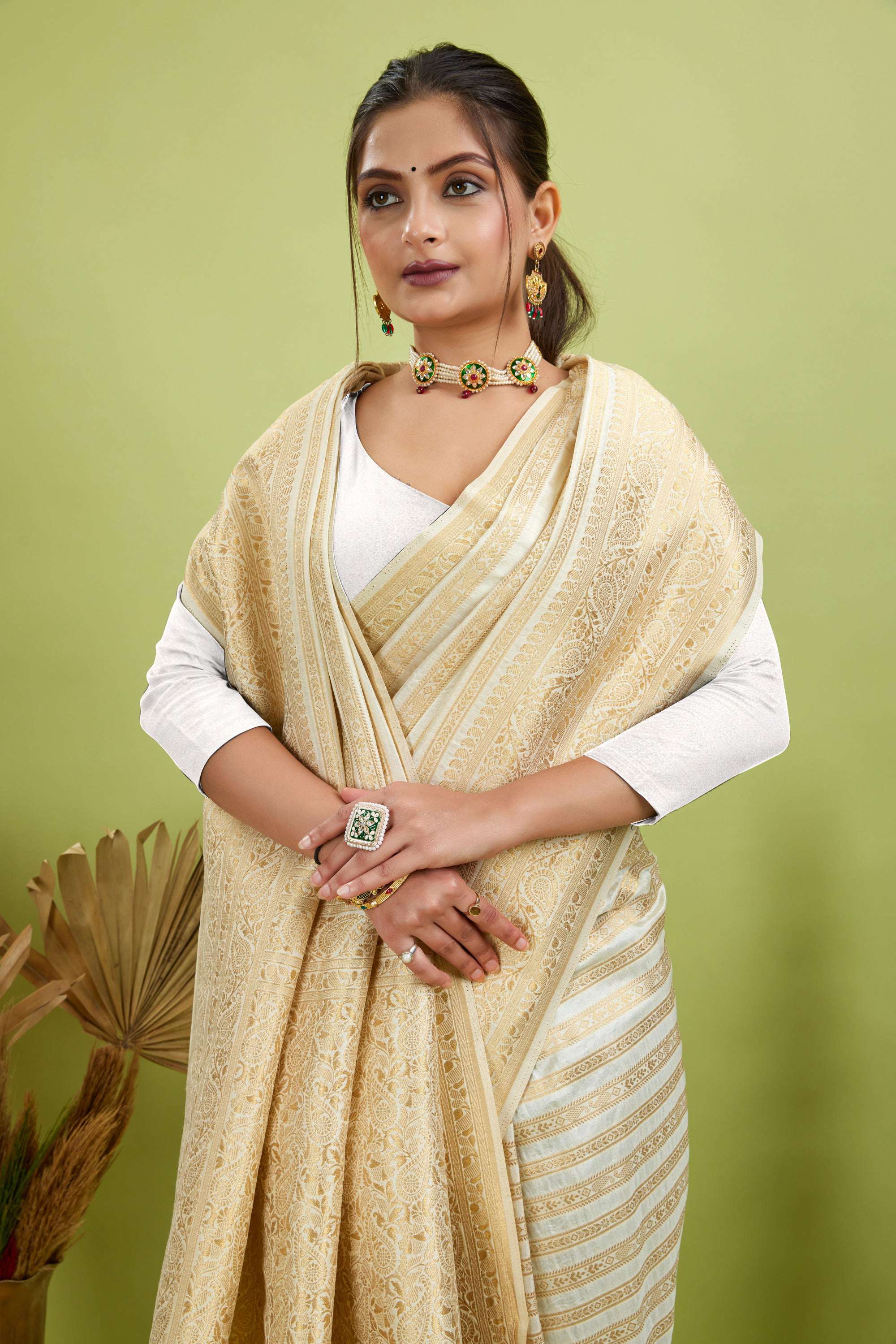 White Woven Banarasi Khadi Silk Saree