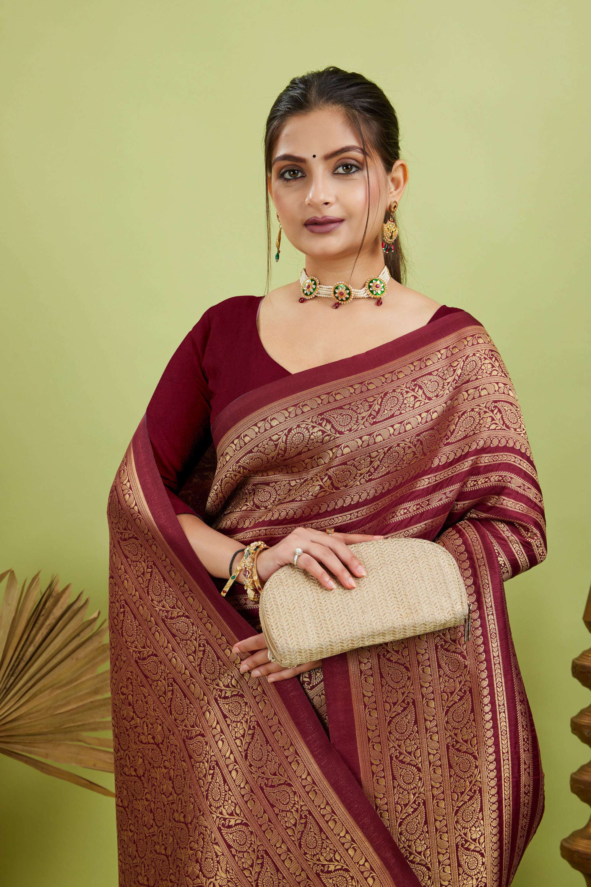 Wine Woven Banarasi Khadi Silk Saree