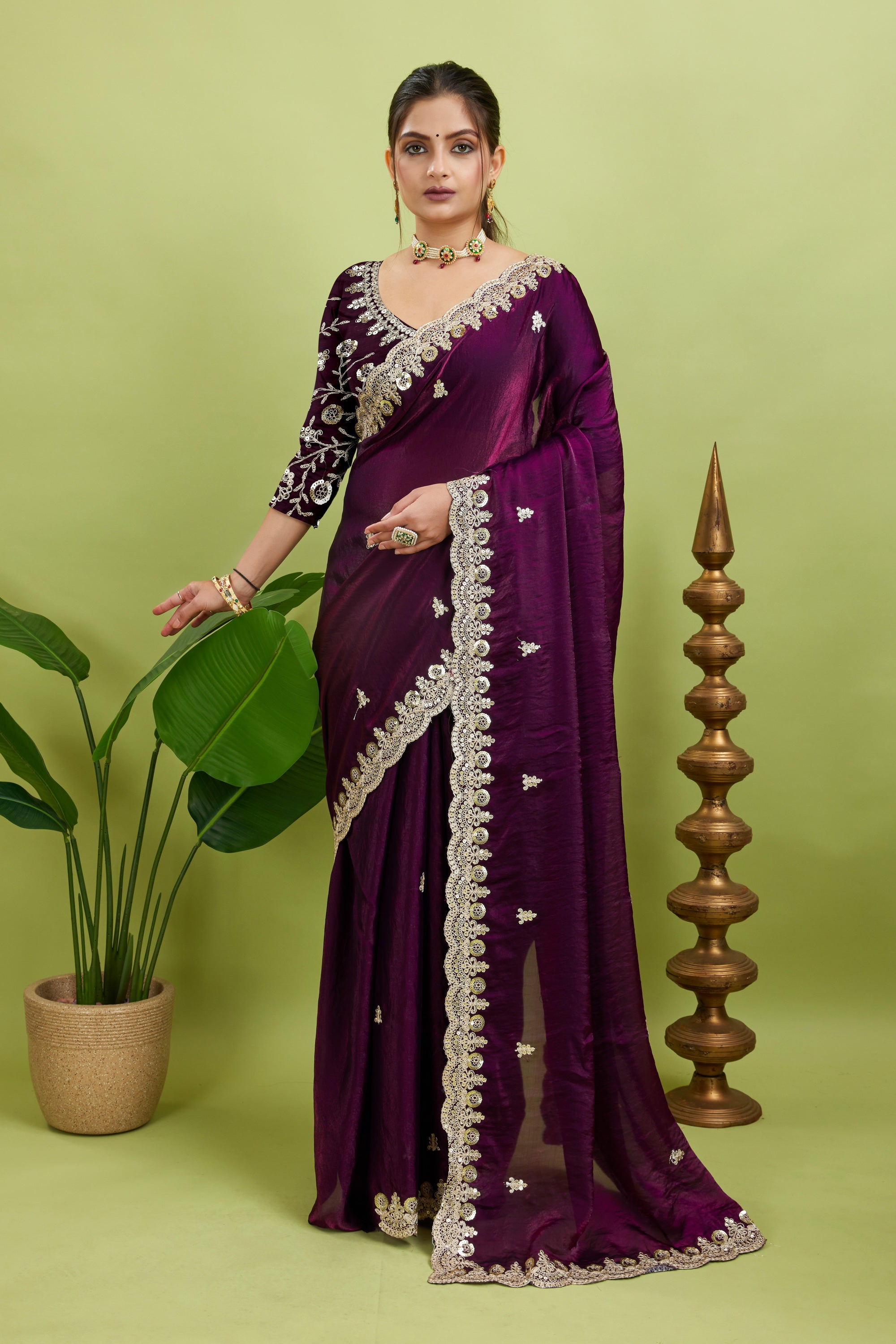 Purple Sequined Embroidered Fancy Chiffon Saree