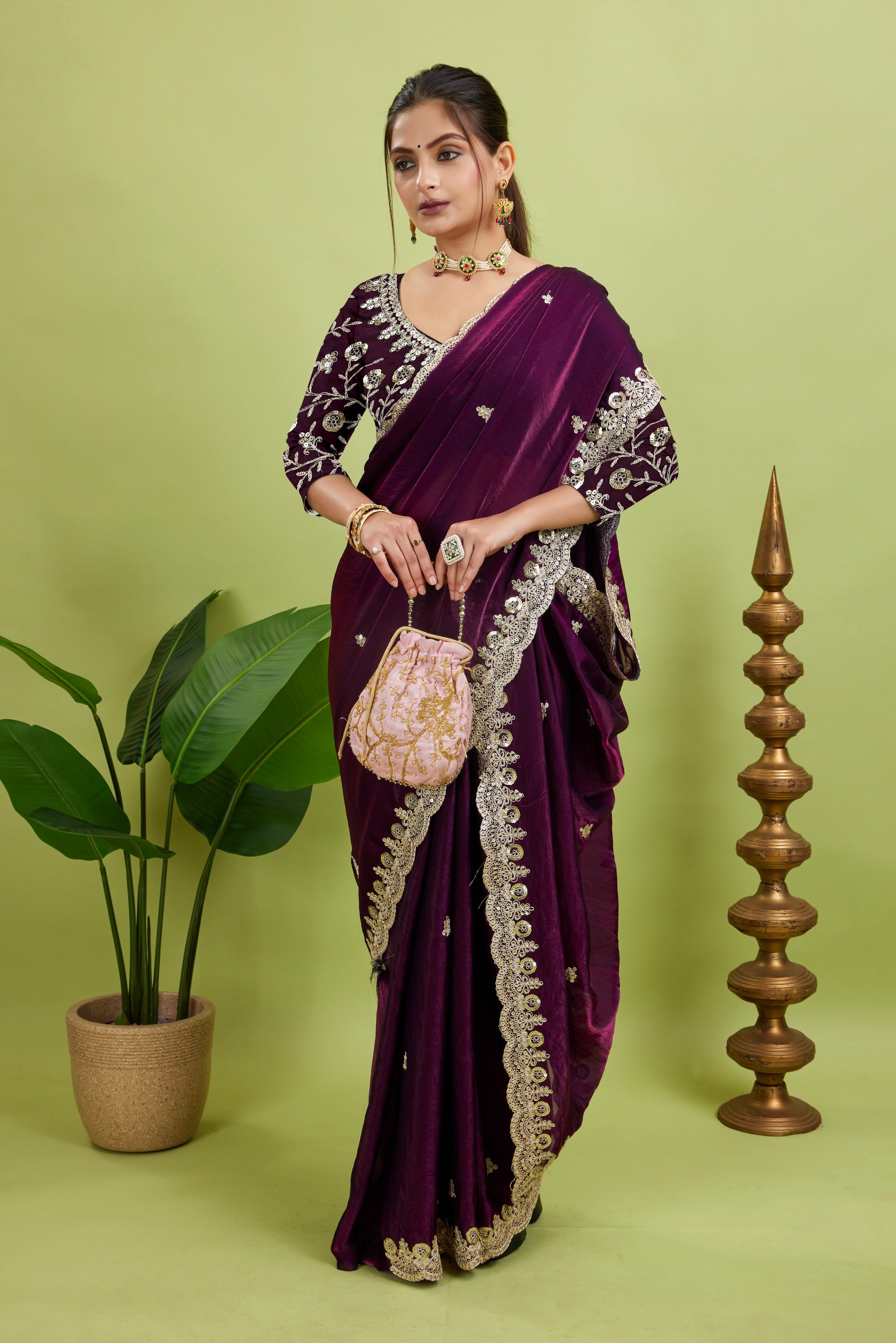 Purple Sequined Embroidered Fancy Chiffon Saree