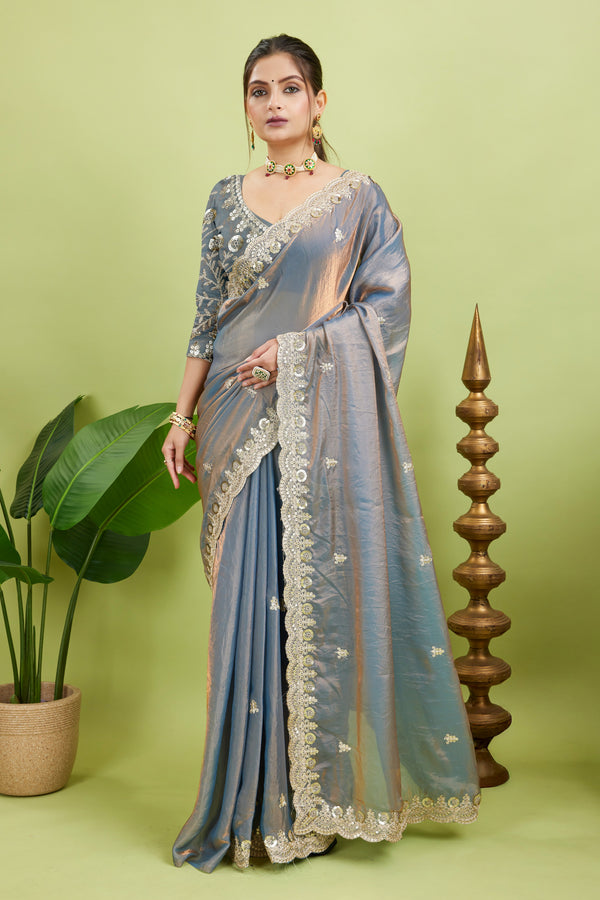 Silver Sequined Embroidered Fancy Chiffon Saree