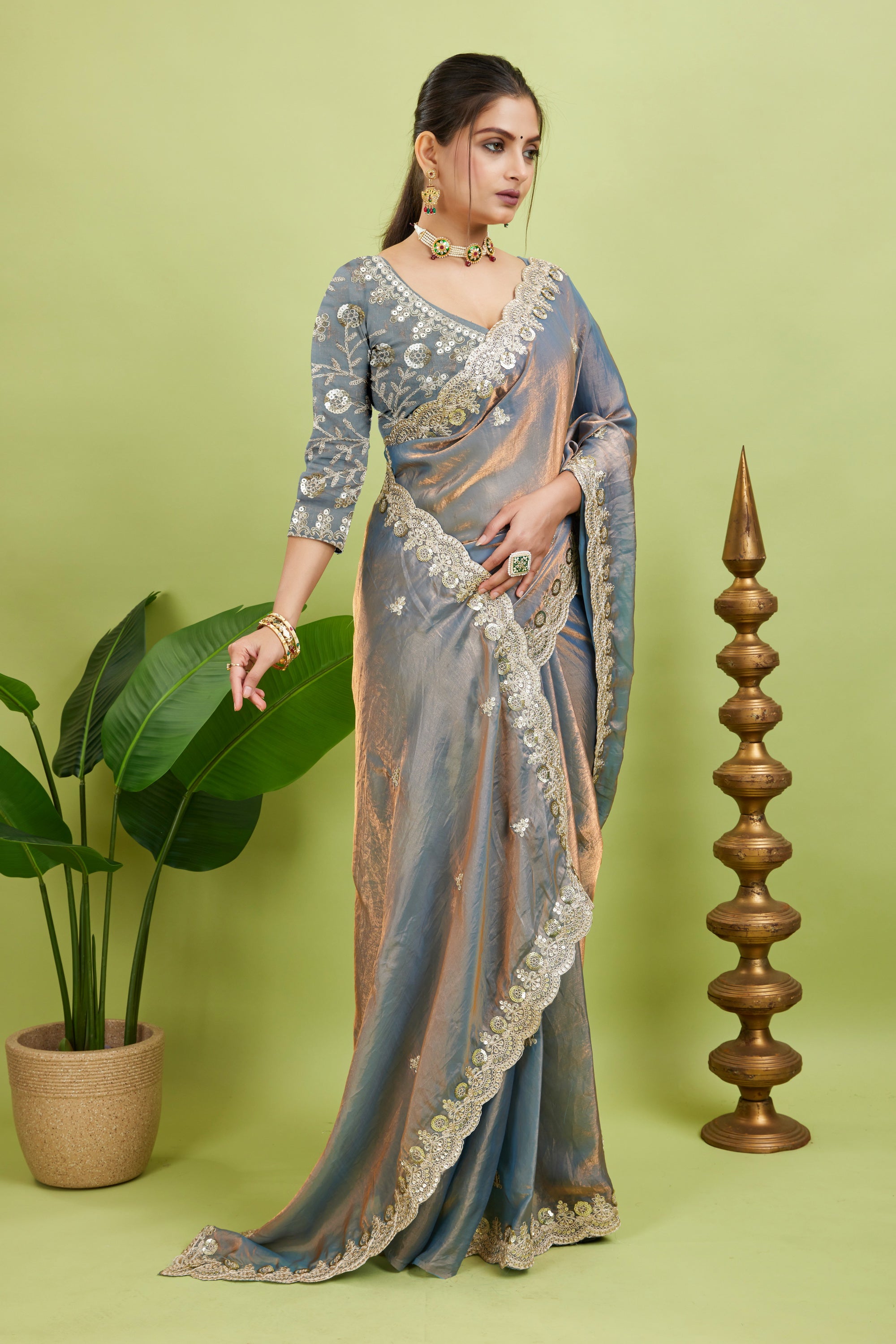 Silver Sequined Embroidered Fancy Chiffon Saree