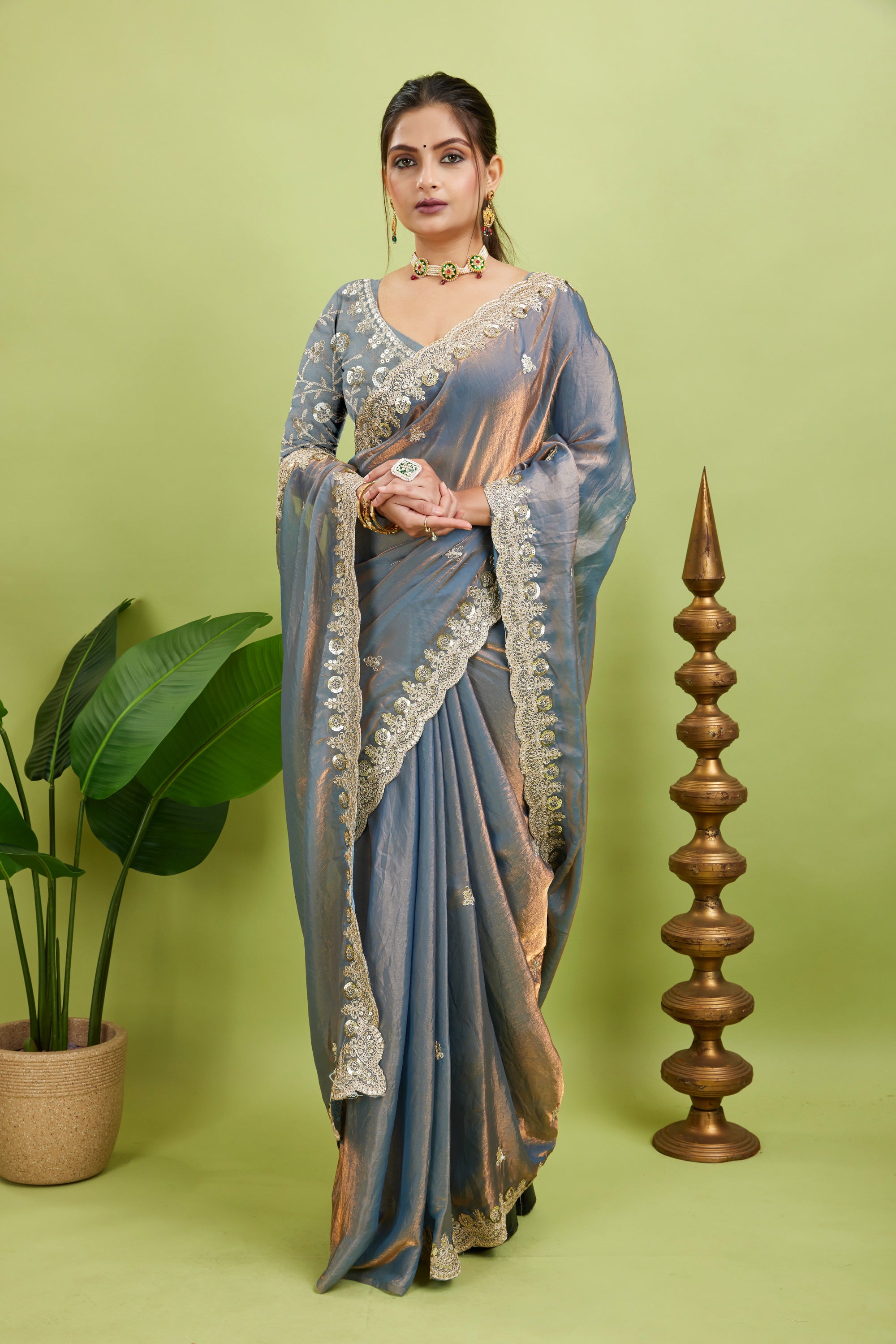 Silver Sequined Embroidered Fancy Chiffon Saree