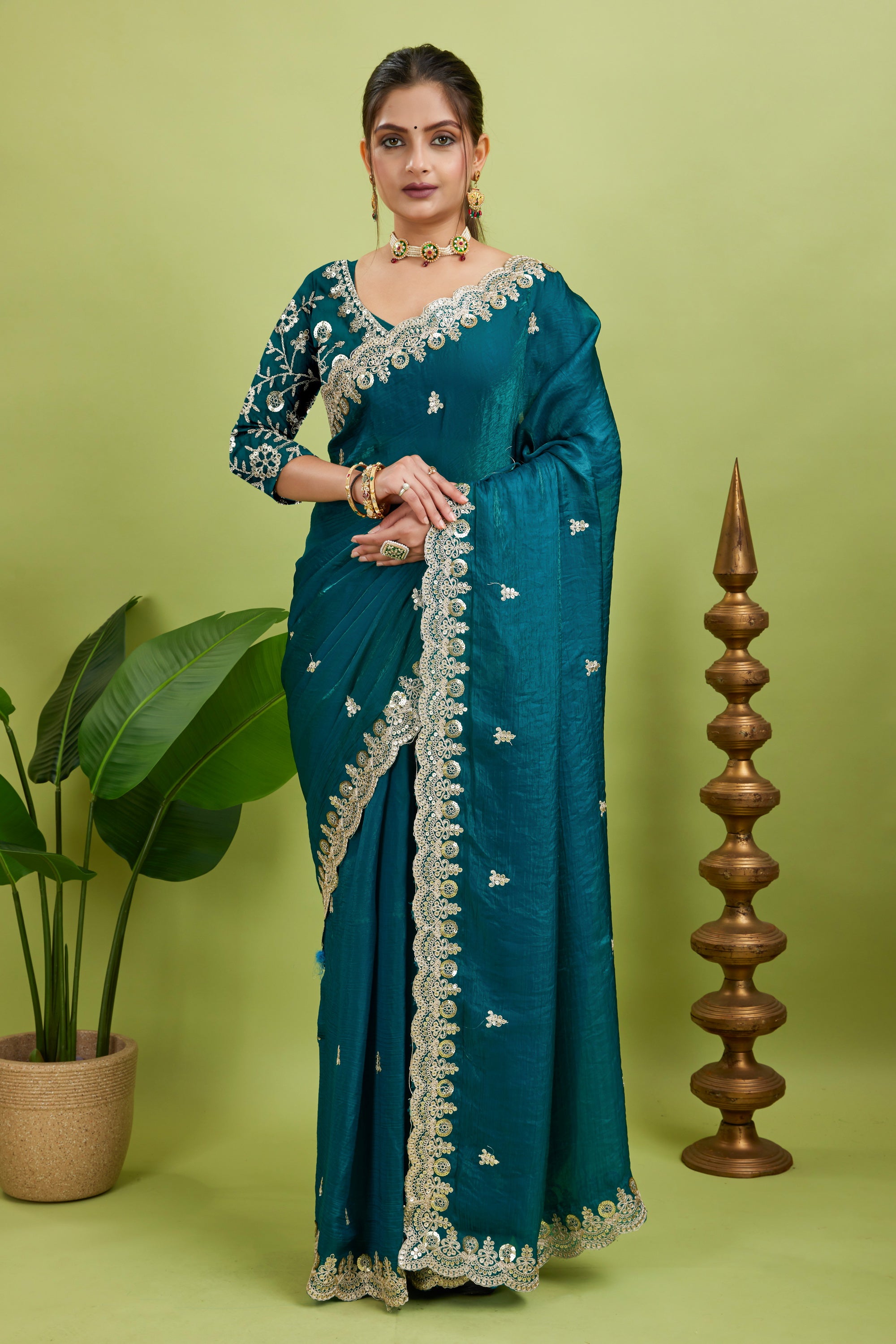 Rama Sequined Embroidered Fancy Chiffon Saree