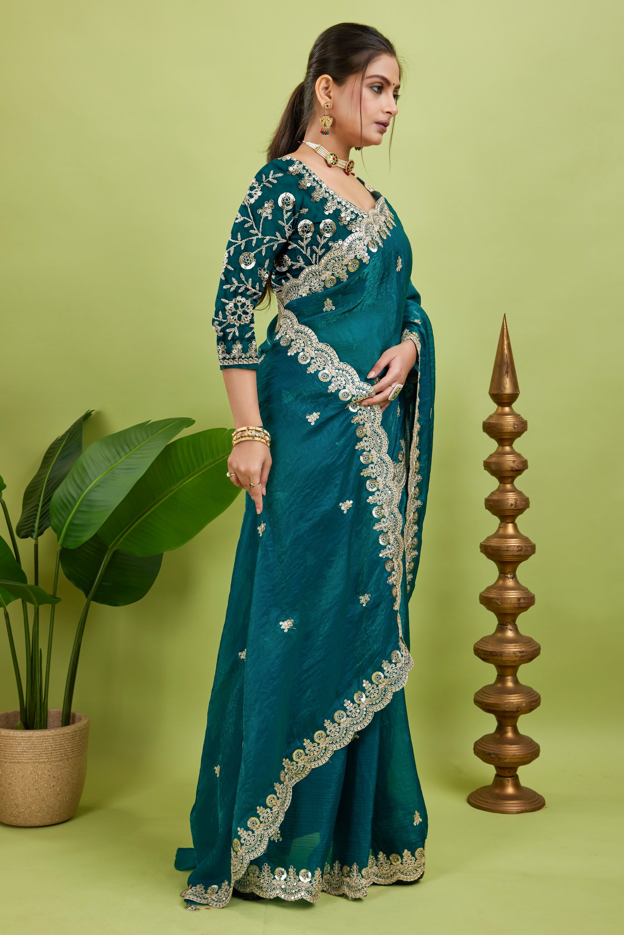 Rama Sequined Embroidered Fancy Chiffon Saree
