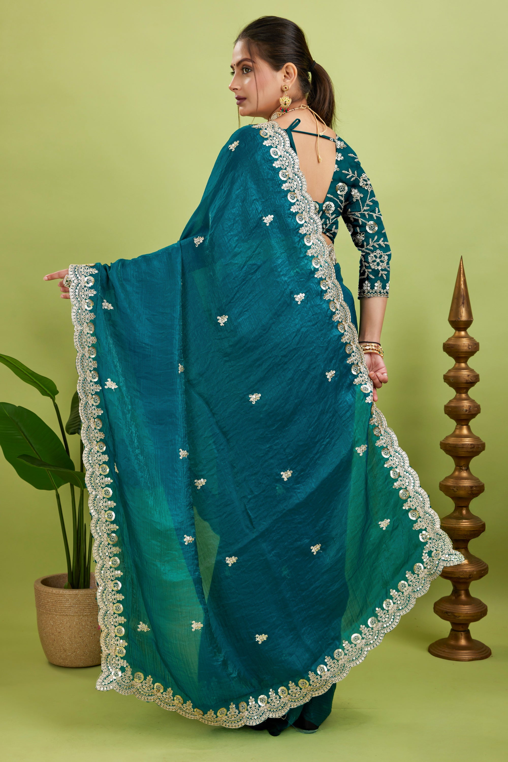 Rama Sequined Embroidered Fancy Chiffon Saree