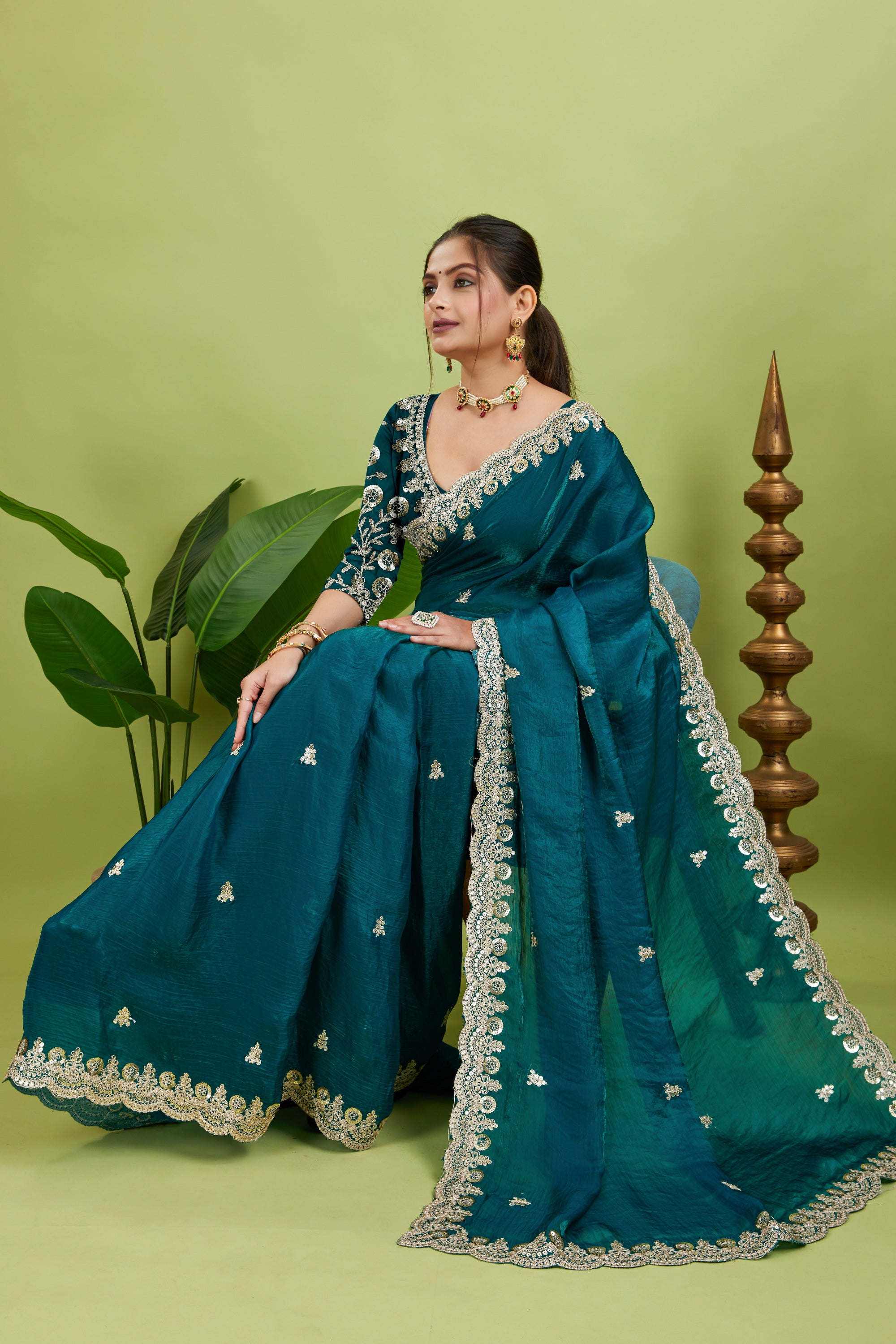 Rama Sequined Embroidered Fancy Chiffon Saree