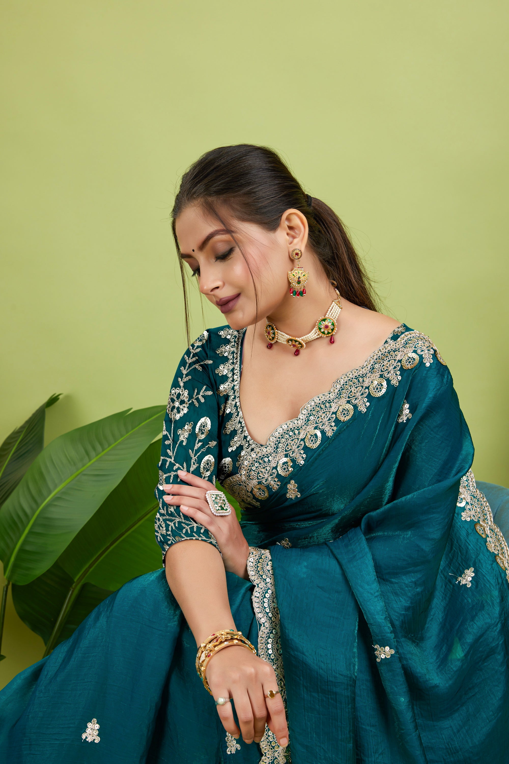 Rama Sequined Embroidered Fancy Chiffon Saree