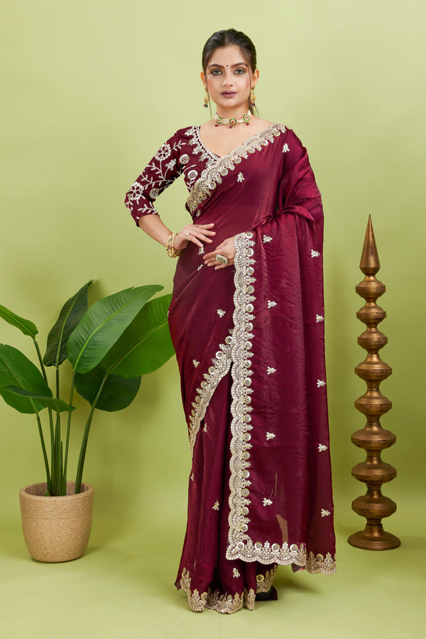 Wine Sequined Embroidered Fancy Chiffon Saree