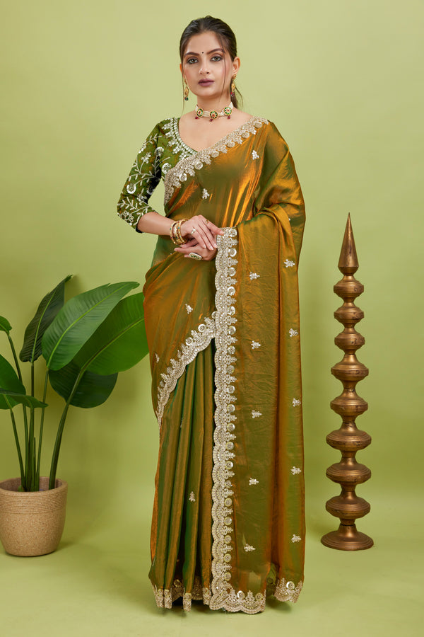 Gold Sequined Embroidered Fancy Chiffon Saree
