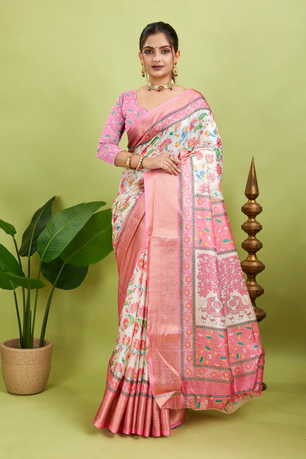Digital Print Saree With Jecard Kanjivaram Zari Boder Silk Saree