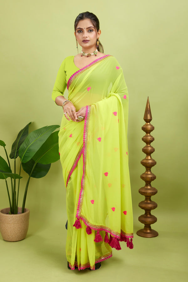 Heart Embroidery Work Green Georgette saree