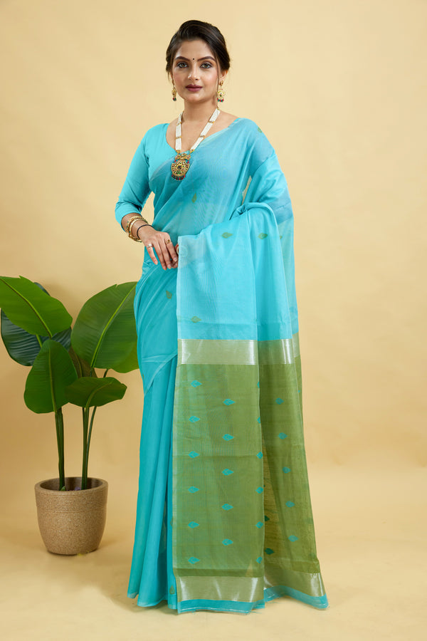 Blue Woven Cotton Silk Saree
