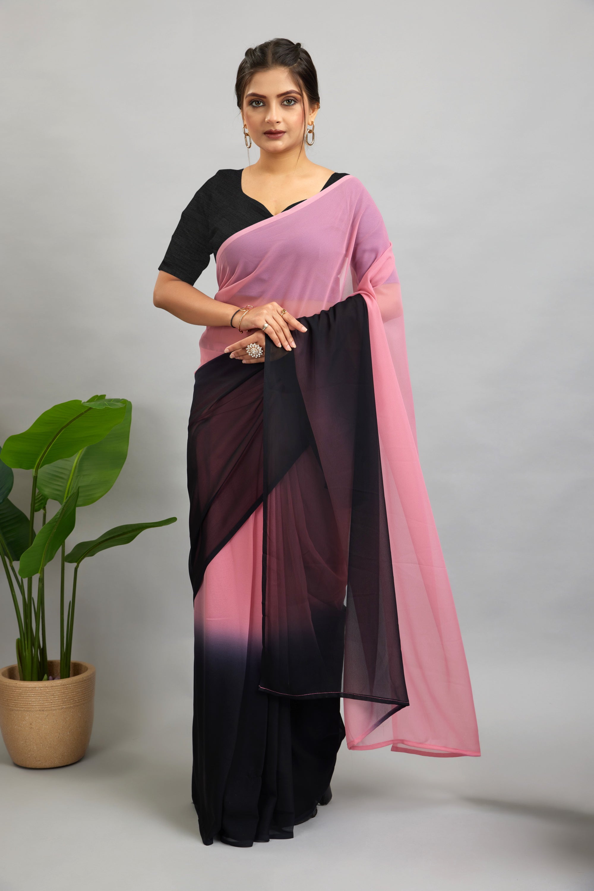 Pink Ready To Wear Two Toned Georgette Saree