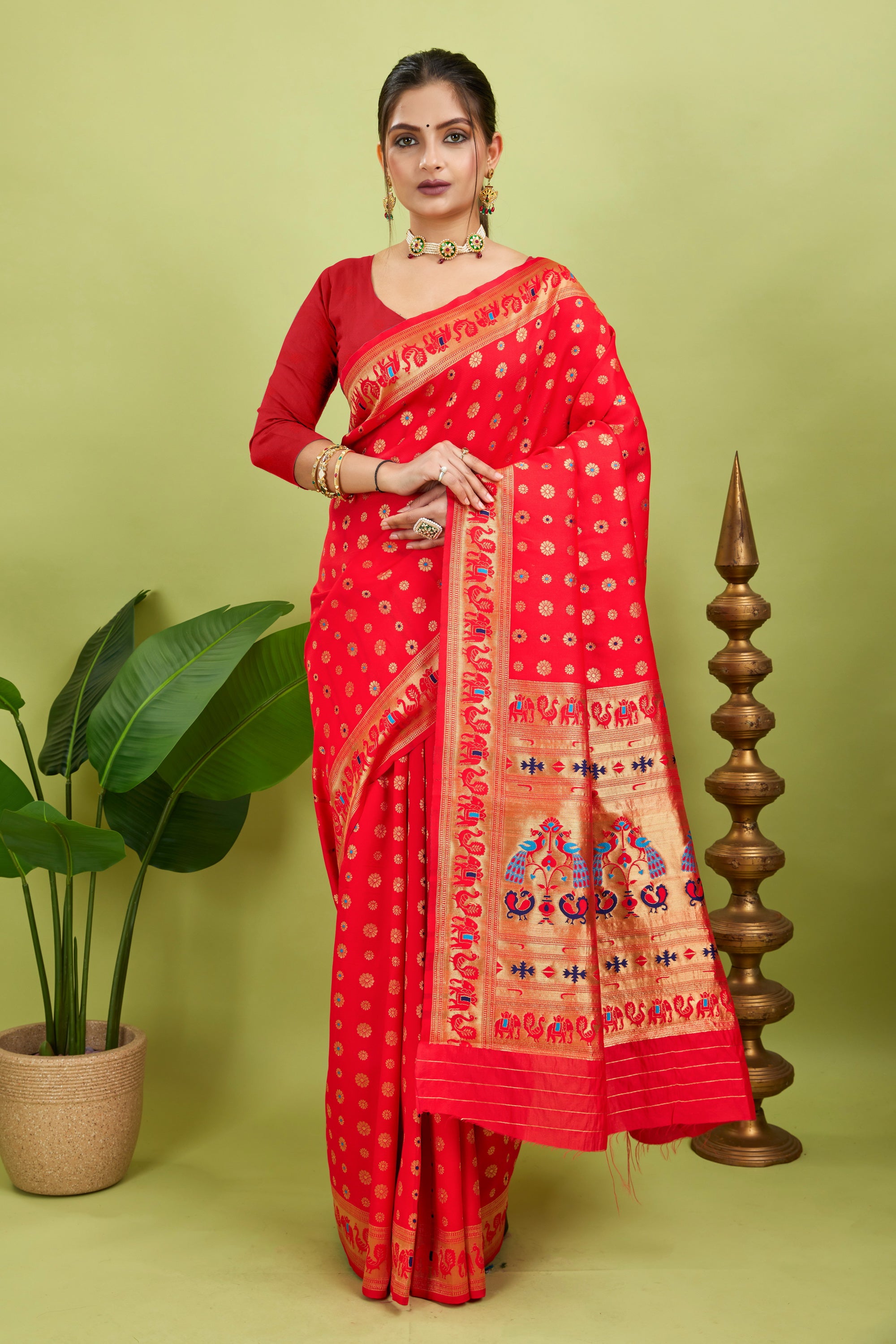 Red Minakari Paithani Silk Saree